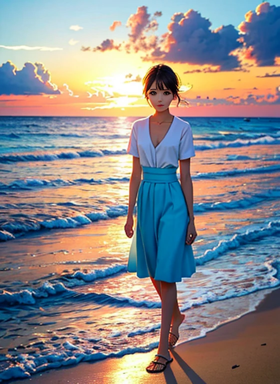 Stroll along the beach、Walking on the beach at sunset、、Wave、