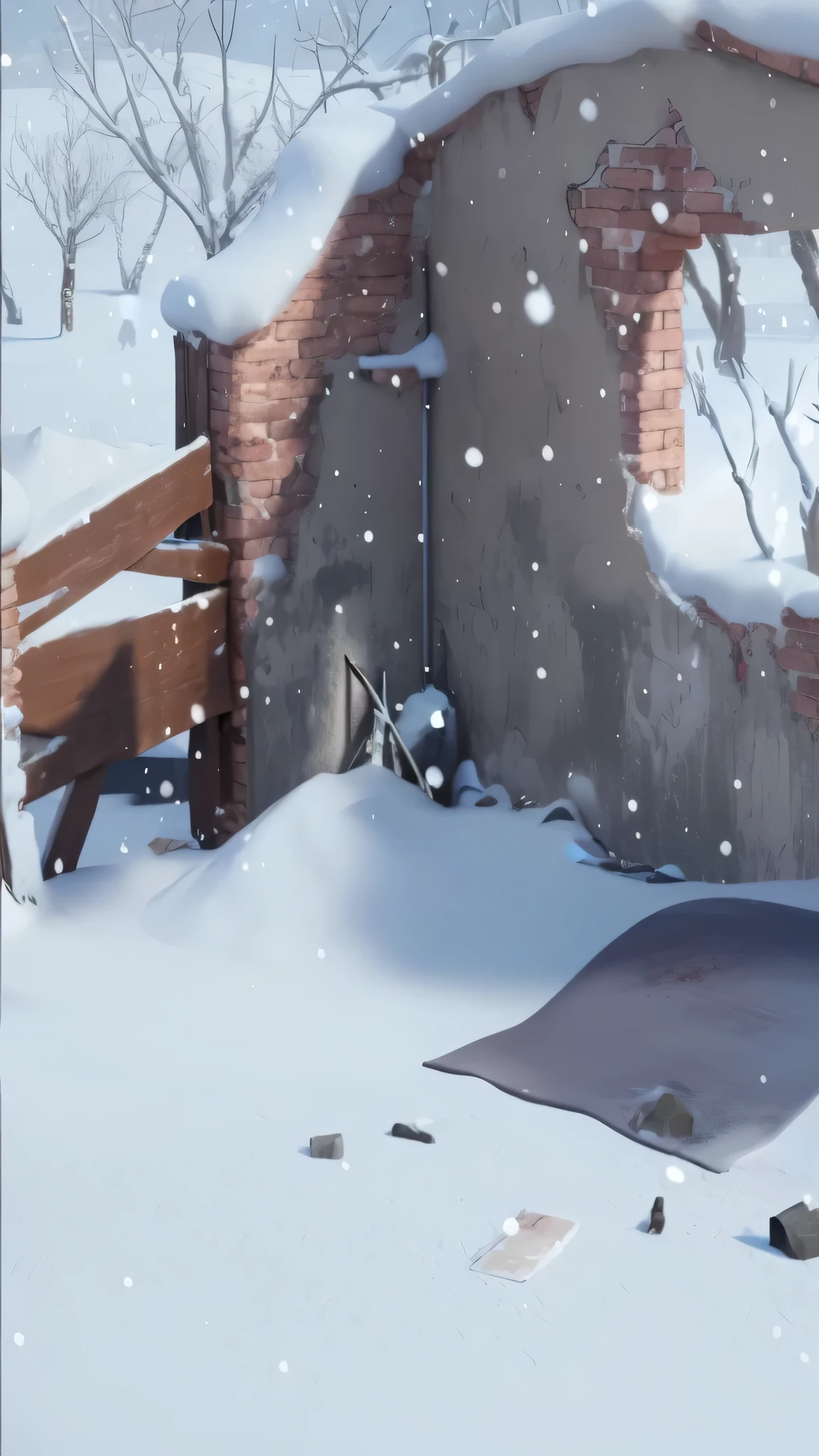 Snow Scene:Roofs covered with snow on buildings and skis, 《Fortnite》Realism in the game style, beaten. Unreal Engine, Rendering in Unreal Engine, Screenshots, Screenshots, Unreal Engine screenshot, dusty Unreal Engine, Unreal Engine5, Video Screenshots>, Unreal Engine 5, Snowy environment, Action scene screenshots, Frostbite 3 rendering