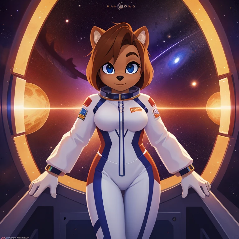 ((masterpiece)), studio quality, highly detailed, extreme detailed, high quality, max detailed, hyper detailed, space, universe, 1girl, hamset, attractive, gorgeous body, medium breast, brown short hair, galactic eyes, spacesuit, logo parody, logo
