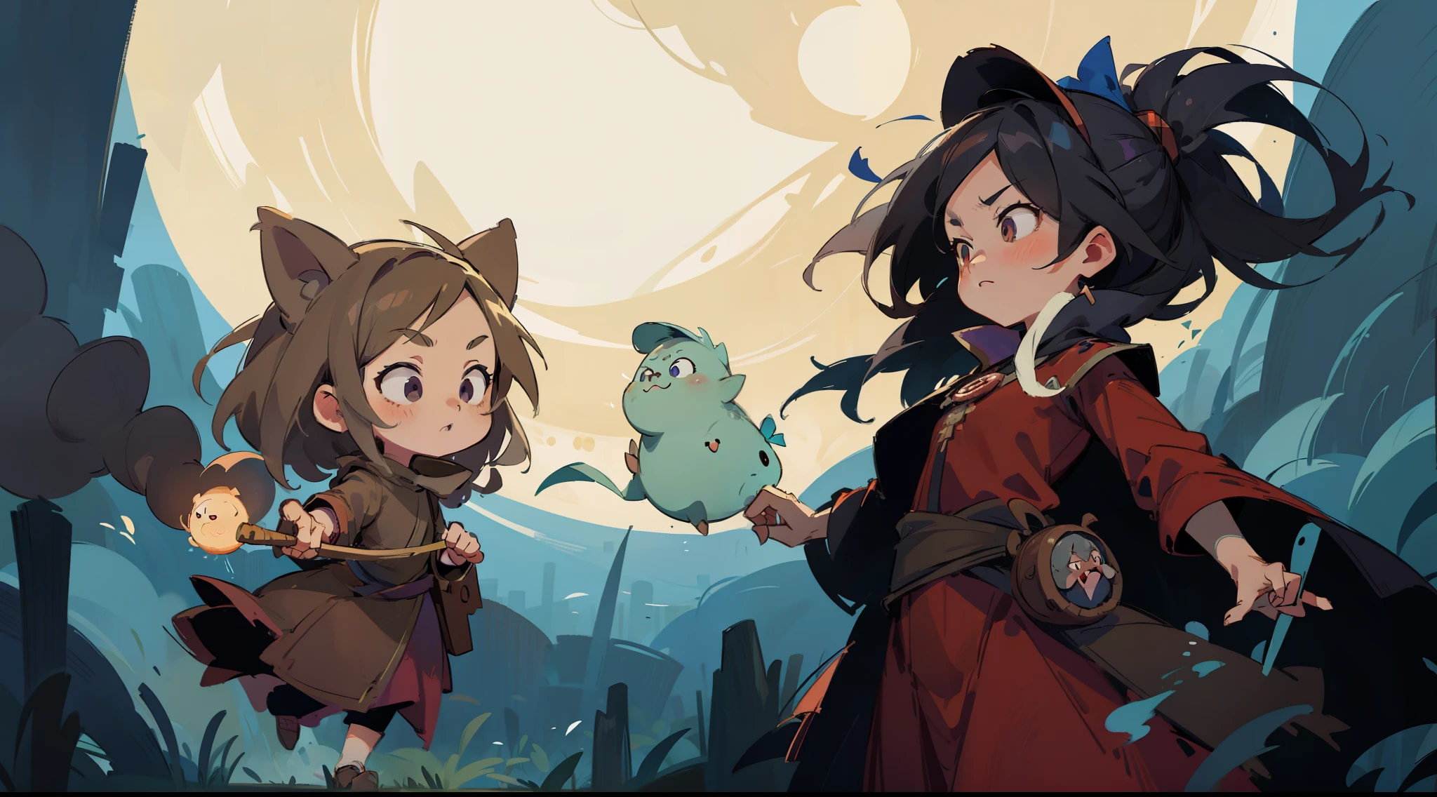 A cartoon illustration of a lady and a pig in front of a full moon, Medium shot of two characters, combat chaser, Character Art Close-up, Mage fighting ghouls, Magic 2D Concept Art, Character ink art, Darkest Dungeon art style, female occultist, Female mage casting spells, Wizard Duel, 穿着红色的wizard长袍, wizard