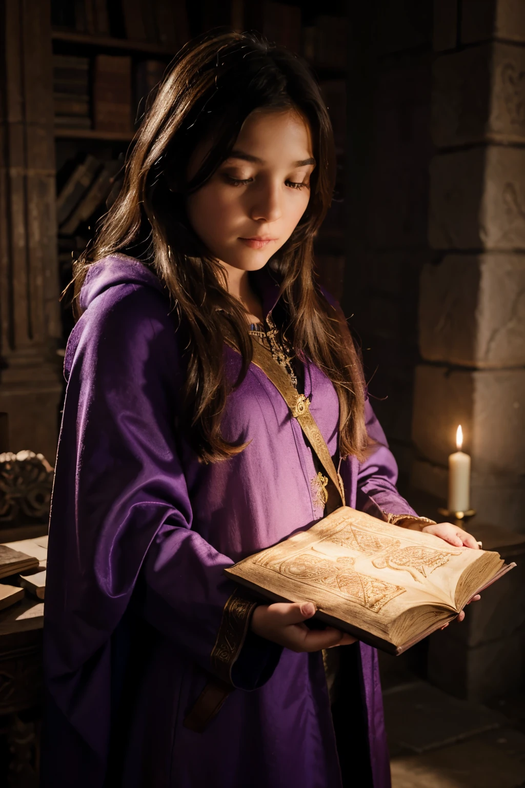 Draw a young girl wearing a purple cloak and holding an ancient book with magical symbols.