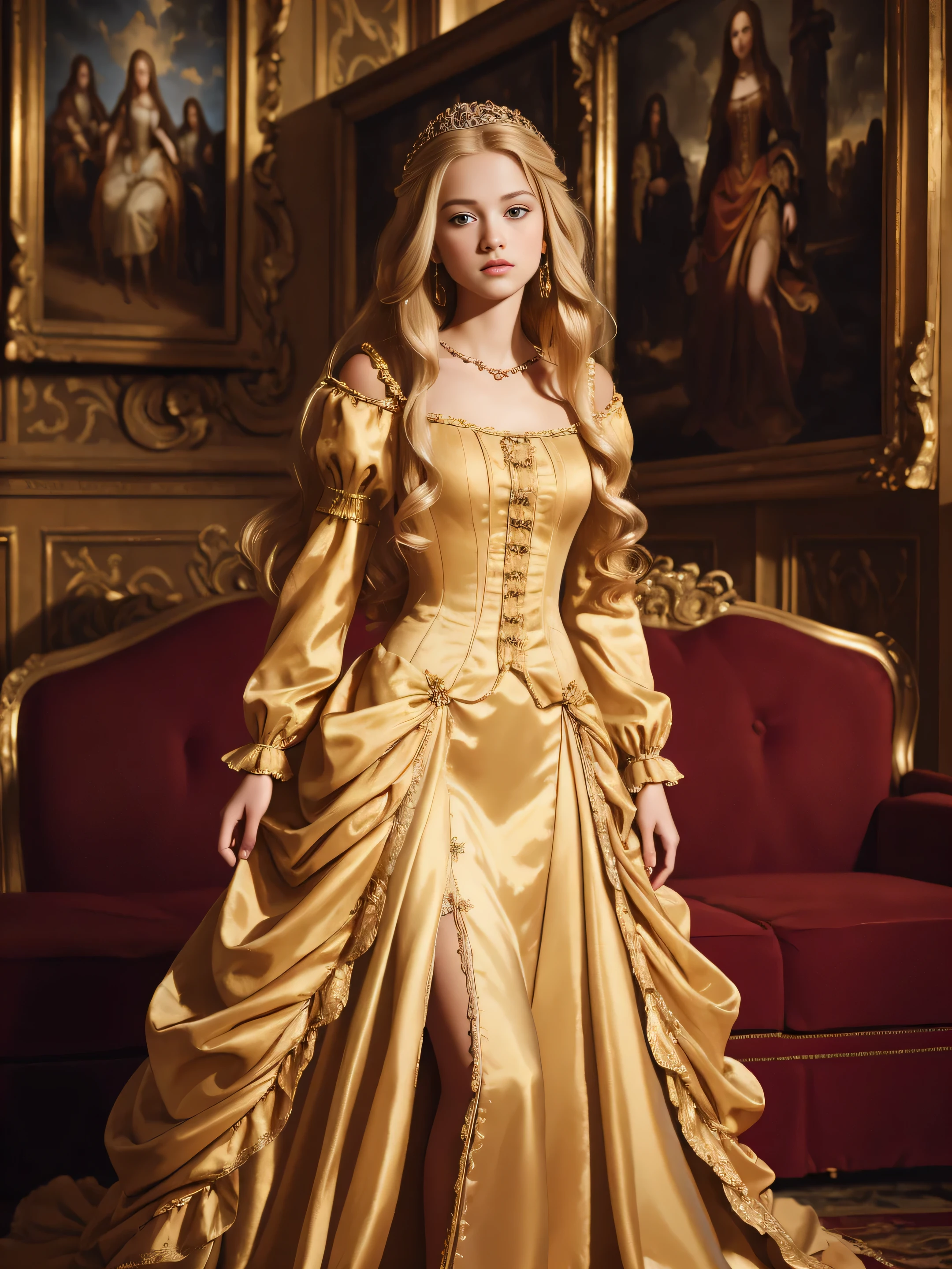 full length, 16 years old, beautiful, princess, blond long hair, in baroque dress, against baroque background oil painting epic, dramatic, 85mm f2.8