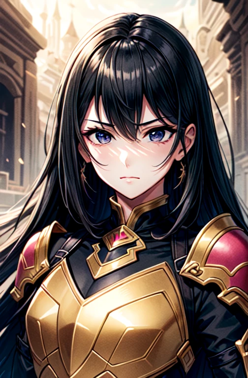 masterpiece, best quality, 1women, adult, female focus, solo, medium black hair, vibrant black eyes, looking at viewer, medium , closed mouth, emo, Fantasy aesthetics, Highly detailed, shadowverse style, wearing robo suit armor with gold and pink color