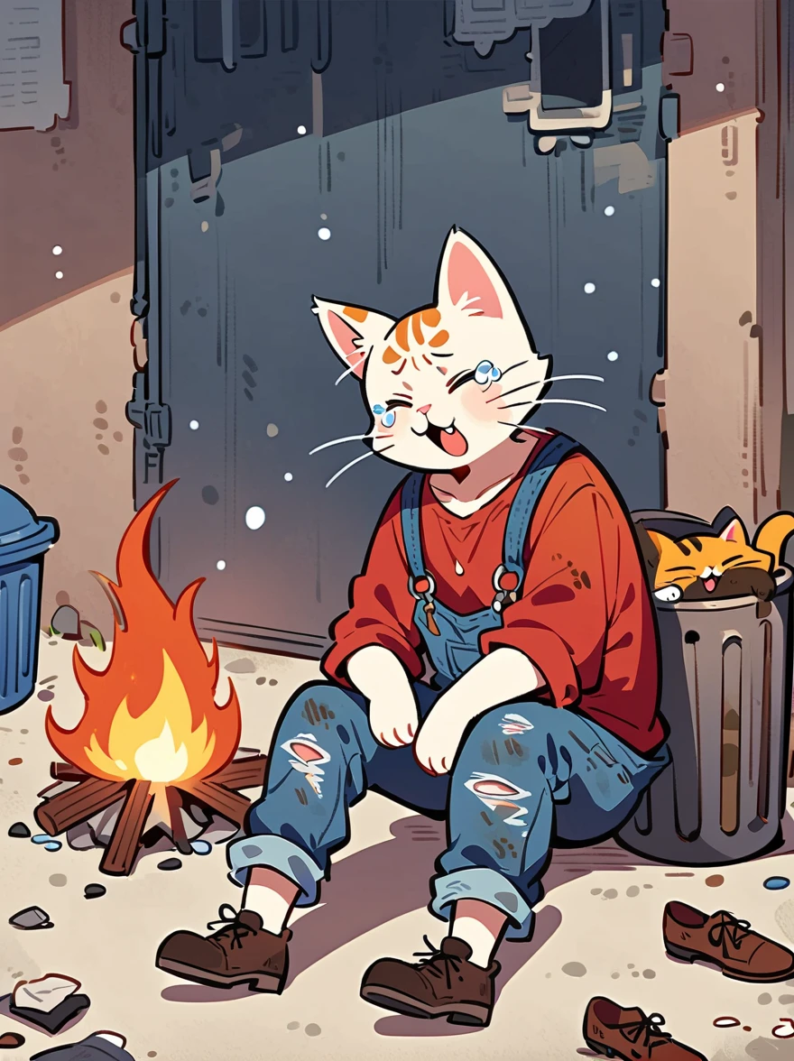 cartoon illustration,Simplicity,Late Night,heavy snow,(personification),Stray cats,solo,(Sit in front of a campfire:1.5),dirty,Close your eyes,cry,Listless,Malaise,decadent,Loose-fitting ripped denim overalls,red linen shirt,Worn leather shoes,Carrying a big bag,Next to the trash can on the dark street corner,There is a lot of broken garbage around,dirty的环境,correct human anatomy