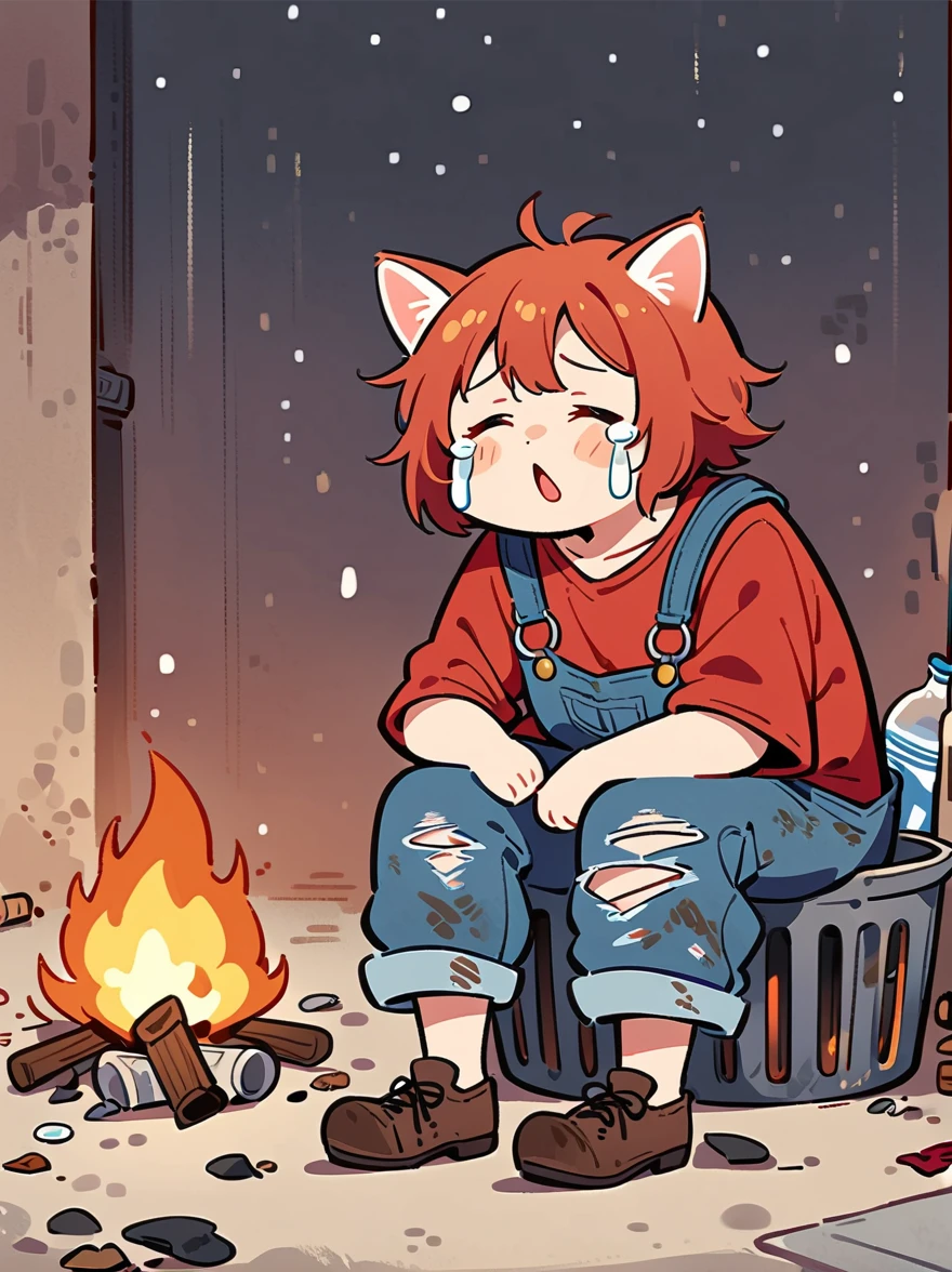 cartoon illustration,Simplicity,Late Night,heavy snow,(personification),Stray cats,solo,(Sit in front of a campfire:1.5),dirty,Close your eyes,cry,Listless,Malaise,decadent,Loose-fitting ripped denim overalls,red linen shirt,Worn leather shoes,Carrying a big bag,Next to the trash can on the dark street corner,There is a lot of broken garbage around,dirty的环境,correct human anatomy