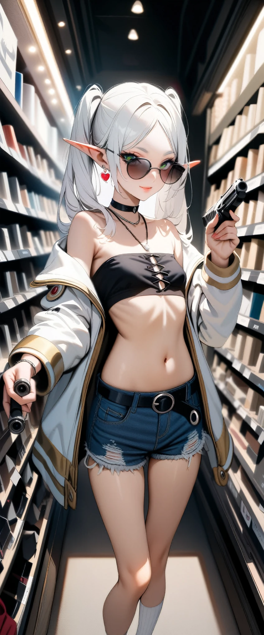 high-key and low-variance brightness scale,soft light,realistic light and shadow, light and dark interlaced,(wide shot:1.3),female focus,(aiming at viewer:1.4),dramatic angle,upper body,(solo:1.6)
(masterpiece),(best quality),(highres),(by famous artist),(((official art))),(by Paul Hedley),(illustration),
1girl,(frieren:1.6),(elf:1.4),fashionable female
(small breasts:1.3),(whole body),(round face),(pointy ears),(slim legs),(skinny body),(detailed beautiful face),lustrous skin,shiny skin,(articulated fingers),navel,midriff,thick lips
(white jacket:1.4),(black bandeau:1.3),(unbuttoned),(frayed denim shorts),(white socks),(sport shoes),(off shoulders),(belly chain),belt,hair ornament,heart-shaped earrings,silver bracelet,black choker
indoor,(clothing store:1.4),(multiple clothes),small items on display,various accessories,jewelry,earrings,makeup,collarbone necklace,headpiece,
((seductive smile)),blush,((standing)),(holding dual pistols:1.4),
(sunglasses:1.2),(green eyes)
(white hair),long hair,twintails,parted bangs,(reflective hair),