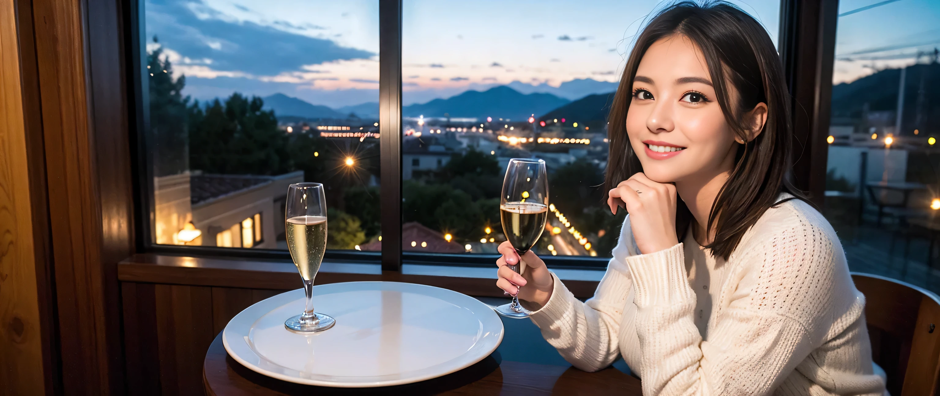 ((highest quality、8k、masterpiece:1.3))、Sharp focus:1.2、Beautiful woman perfect body:1.4、Slim body、((Bob Hale、Straight hair:1.2))、(to be born, highest quality, masterpiece:1.5), (Realistic, Intricate details:1.2), Ultra-high resolution, Spectacular view of the sunset sky and clouds、Amazing mountain views、A bright smile、wine glass、red wine 、Appetizer、Italian food、Wine bottle、Champagne、sparkling wine、, Beautiful Face, blue eyes, The light shines on your face, Blushing, short hair,Bright Face、Fox face、 (42 years old), 39 years old, Lady、Two beauties、brown hair、Shortcuts、Long sleeve shirt、dress、Pretty Woman 1, (slim face), (The body is slim), (brown hair), (Shortcuts), cheeks turn a little red,charming beauty、, Out of the window, A beautiful and detailed night view unfolds.........., restaurant, In a prominent place (From the waist up) Nova Frog Style, actress, model, Upper Body, White wine, slim, wine glass, wine glass placed in the middle, smile, (smile: 1.15), Beautiful fine grain, Depth f/2,saturation, High Contrast, Strong light and shadow,Moist Body:1.5、3D texture、Delicate eyes、brown hair、The hair is very shiny、