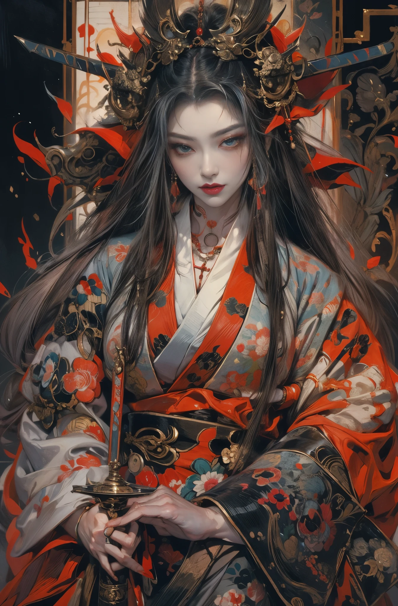 Beautiful demon painting, Demon woman with a Japanese sword, A strong female warrior, gambling, Beautiful black-haired demon, Beautiful red kimono, Oiran, The highest ranking prostitute, Ghost Girl, Female Yakuza, Inspired by Chen Yifei, Works that influenced Francesco Hayes, Inspired by Hendrik Terbruggen, Jean＝Works that influenced Auguste Dominique Ingres, Inspired by Liu Jun, Jean＝Works that influenced Auguste Dominique Ingres, highest quality, The perfect angle, Perfect composition, Best Shot, Official Art, Cinematic Light, Figurative art, Beautiful and expressive paintings, Beautiful artwork illustration, wonderful, Cool Beauty, clear, Mysterious, highest quality, Official Art, Perfect composition,The perfect angle, Best Shot, Female Solo, Sharp contours, pretty much beautiful face, demon of kyoto, Lord of the Demons, A cold and heartless demon woman, Demon Queen, Female Yakuza, Full Body Tattoo, wide, Rashomon, Close-up