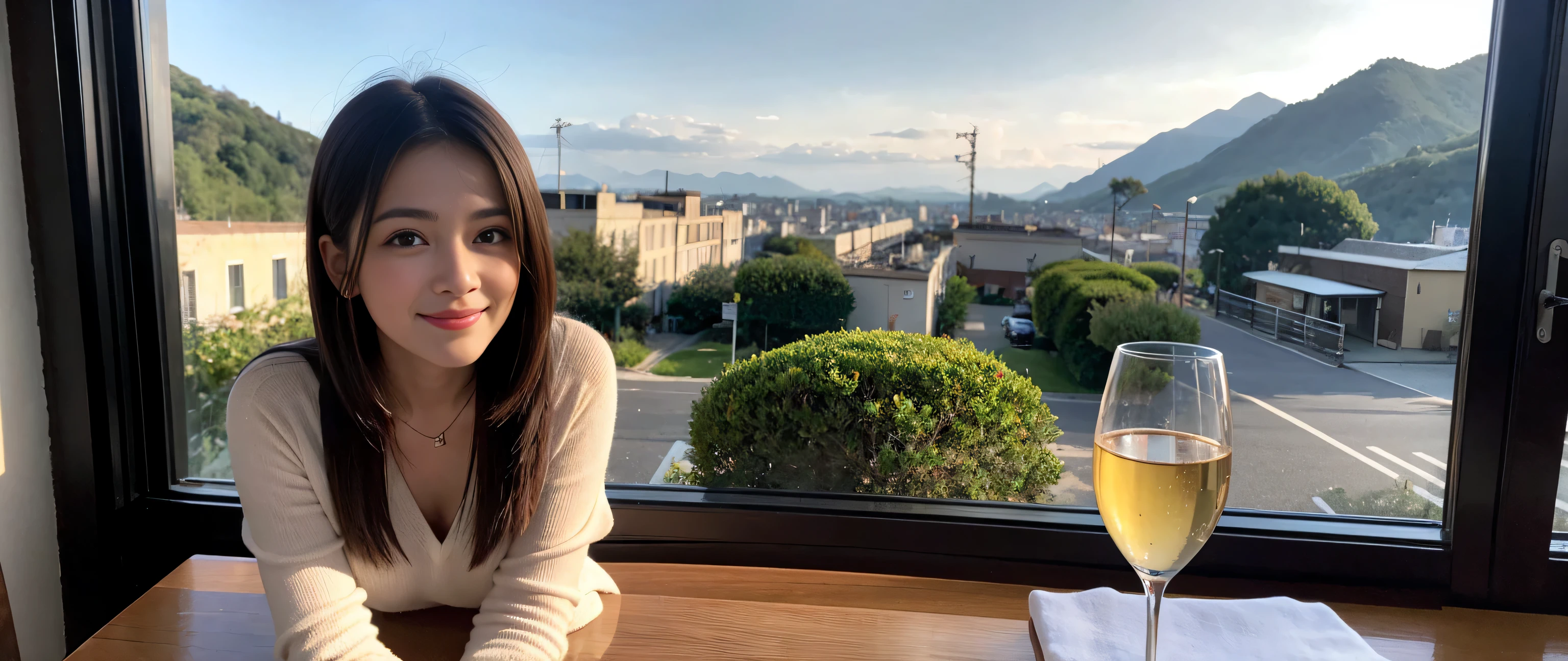 ((highest quality、8k、masterpiece:1.3))、Sharp focus:1.2、Beautiful woman perfect body:1.4、Slim body、((Bob Hale、Straight hair:1.2))、(to be born, highest quality, masterpiece:1.5), (Realistic, Intricate details:1.2), Ultra-high resolution, Spectacular view of the sunset sky and clouds、Amazing mountain views、A bright smile、wine glass、red wine 、Appetizer、Italian food、Wine bottle、Champagne、sparkling wine、, Beautiful Face, blue eyes, The light shines on your face, Blushing, short hair,Bright Face、Fox face、 (42 years old), 39 years old, Lady、Two beauties、brown hair、Shortcuts、Long sleeve shirt、dress、Pretty Woman 1, (slim face), (The body is slim), (brown hair), (Shortcuts), cheeks turn a little red,charming beauty、, Out of the window, A beautiful and detailed night view unfolds.........., restaurant, In a prominent place (From the waist up) Nova Frog Style, actress, model, Upper Body, White wine, slim, wine glass, wine glass placed in the middle, smile, (smile: 1.15), Beautiful fine grain, Depth f/2,saturation, High Contrast, Strong light and shadow,Moist Body:1.5、3D texture、Delicate eyes、brown hair、The hair is very shiny、