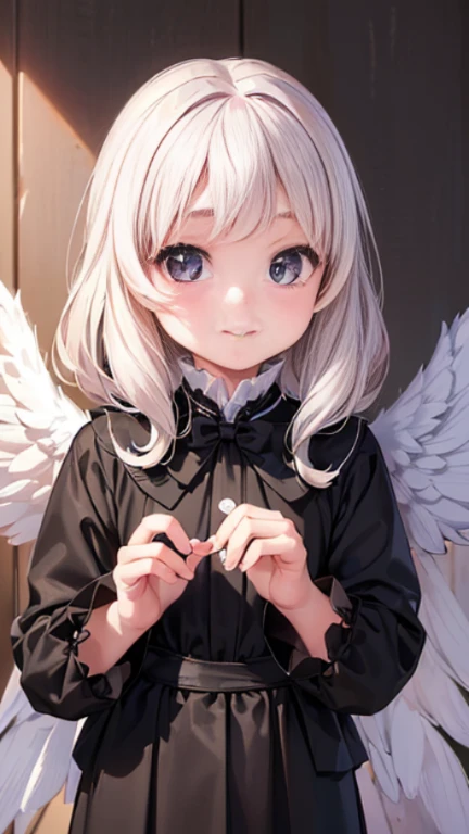 ((masterpiece)),((highest quality)),((Anatomical)),((Realistic)),((Detailed Description)),((cute)),((女の子のcute部屋)),(((1 kindergartener))),((Beautiful Eyes)),((Baby Face)),((Petite)),((Bewitching Smile)),((White wings on the back)),(((black mourning clothes))),