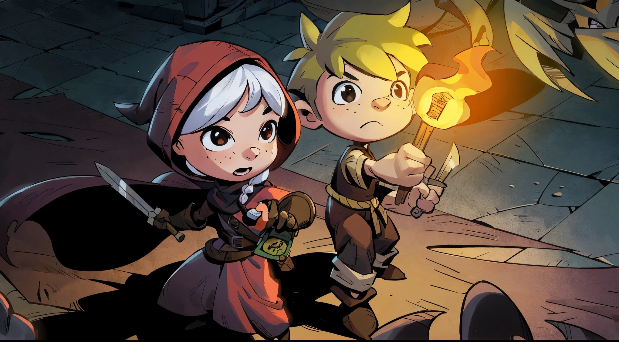 Cartoon illustration of a boy and a girl holding torches in a dark room, thief little red riding hood, combat chaser, Scottie Young, Inspired by Johannes Helgesson, Key Art, red hood, fable, Dusk Ruins Explorer, Adventure Island, Medium shot of two characters, 2D game fanart, Maple Valley