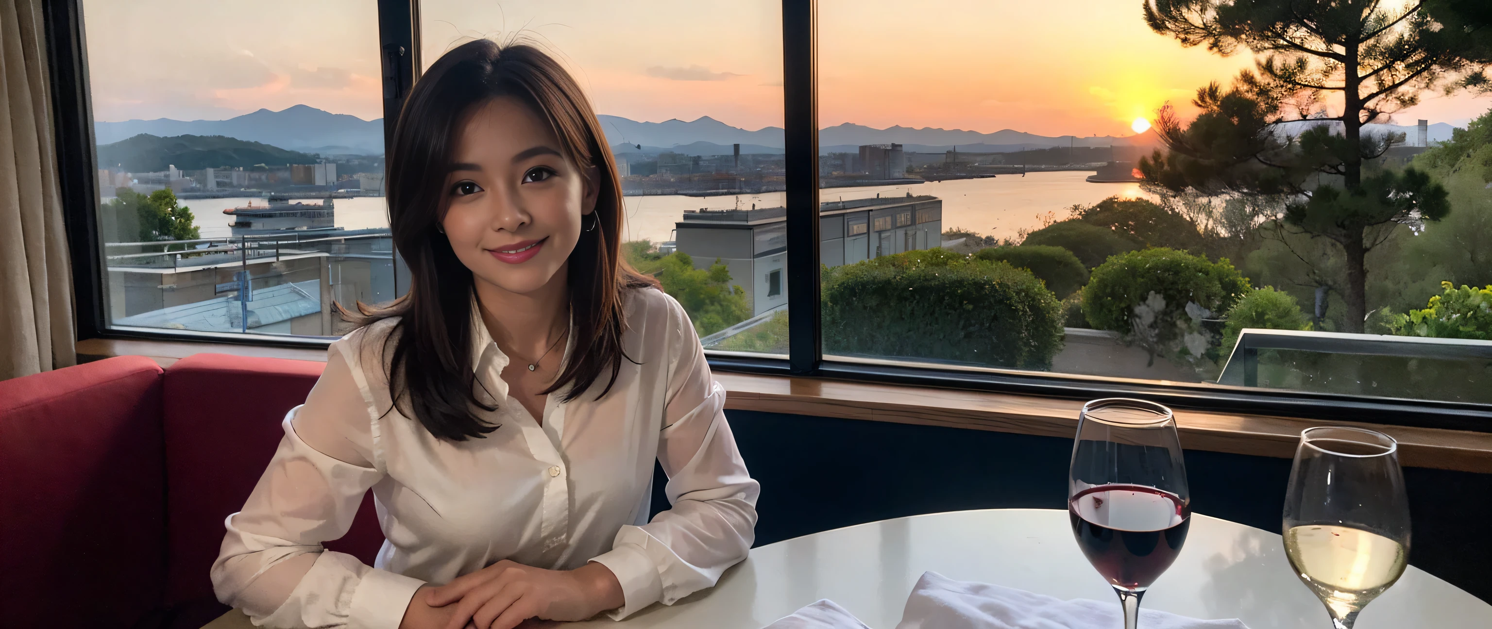 ((highest quality、8k、masterpiece:1.3))、Sharp focus:1.2、Beautiful woman perfect body:1.4、Slim body、((Bob Hale、Straight hair:1.2))、(to be born, highest quality, masterpiece:1.5), (Realistic, Intricate details:1.2), Ultra-high resolution, Spectacular view of the sunset sky and clouds、Amazing mountain views、A bright smile、wine glass、red wine 、Appetizer、Italian food、Wine bottle、Champagne、sparkling wine、, Beautiful Face, blue eyes, The light shines on your face, Blushing, short hair,Bright Face、Fox face、 (42 years old), 39 years old, Lady、Two beauties、brown hair、Shortcuts、Long sleeve shirt、dress、Pretty Woman 1, (slim face), (The body is slim), (brown hair), (Shortcuts), cheeks turn a little red,charming beauty、, Out of the window, A beautiful and detailed night view unfolds.........., restaurant, In a prominent place (From the waist up) Nova Frog Style, actress, model, Upper Body, White wine, slim, wine glass, wine glass placed in the middle, smile, (smile: 1.15), Beautiful fine grain, Depth f/2,saturation, High Contrast, Strong light and shadow,Moist Body:1.5、3D texture、Delicate eyes、brown hair、The hair is very shiny、