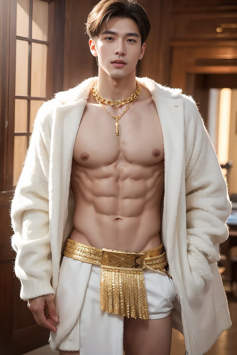 (masterpiece, best quality:1.2), 1 person, Single attractive man,With eyes like heaven, #11: #12: Exquisite Brown Stylish Short Hair, magic , beautiful appearance, with a mysterious smile, Very beautiful face , Detailed facial images, Big and long nipples,Full chest muscles,Six-pack abs , naked,Tulle loincloth,Convex,大包Convex显,Handsome man! Diamonds in the ears. He has a gold chain around his neck.,Highest quality full body photos of cute boys!