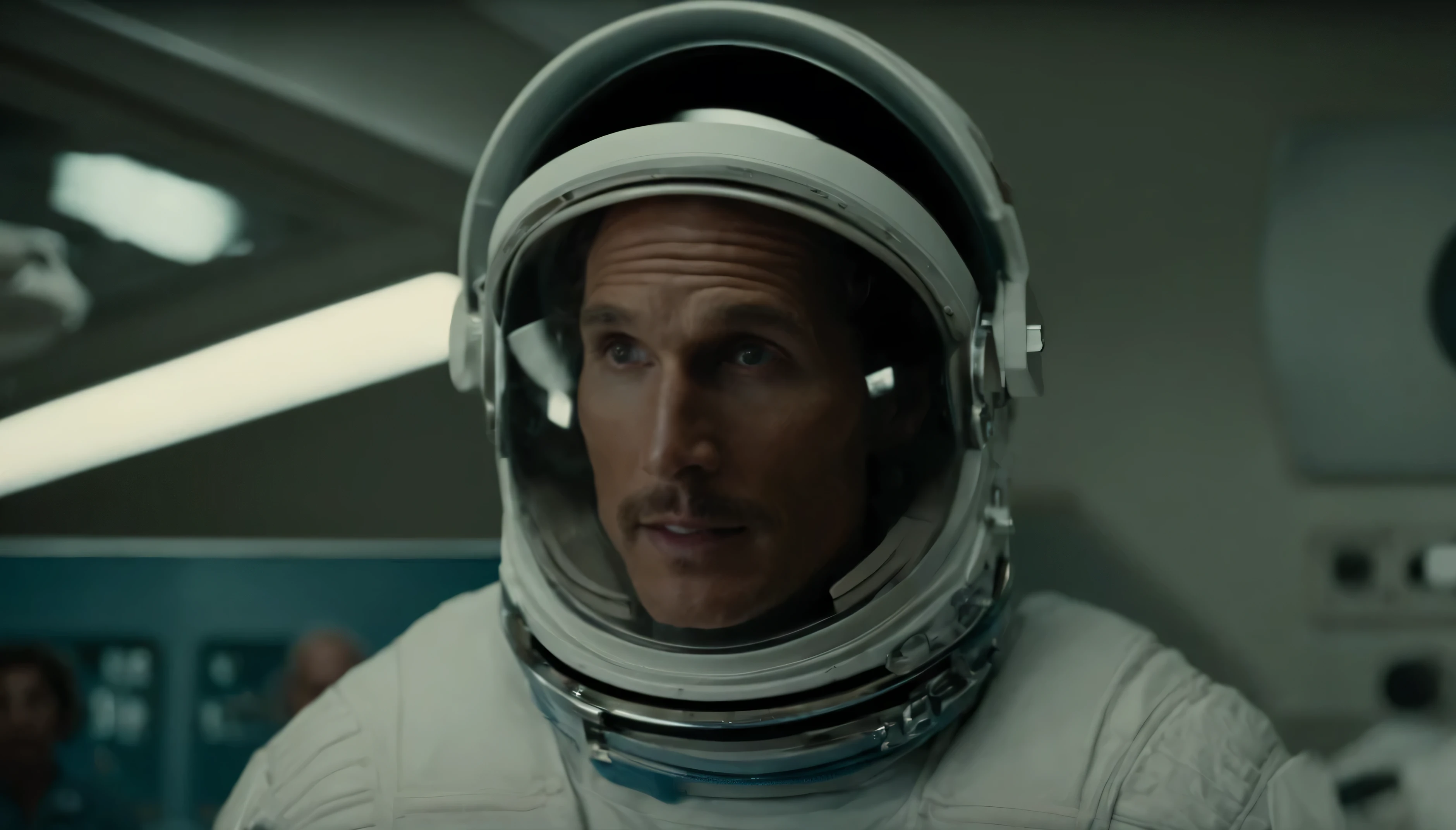 A closeup of a Matthew McConaughey's face in an astronaut suit inside the Nasa Lab, Vintage shot , Panavision, 1970s
