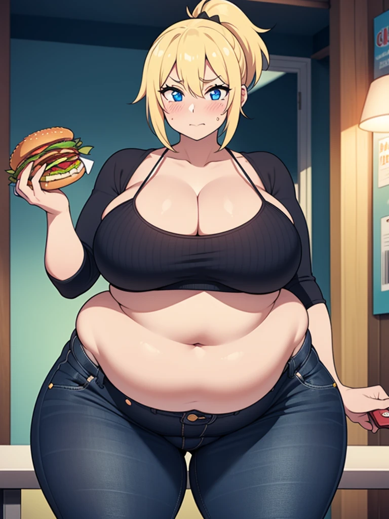 ((Masterpiece)), perfect anatomy, perfect shading, field of depth, (best quality), extremely delicate and beautiful, perfect lighting, detailed face, ultra cute face, cute, ((1girl)), ((solo))
short fluffy blonde hair, ponytail, blue eyes, ((blush)), nervous, looking at viewer, crop top, jeans, cleavage, large breasts, ((thick thighs)), (wide hips), plump, chubby belly, belly hang, fat folds
intricate background, detailed background, fast food restaurant,