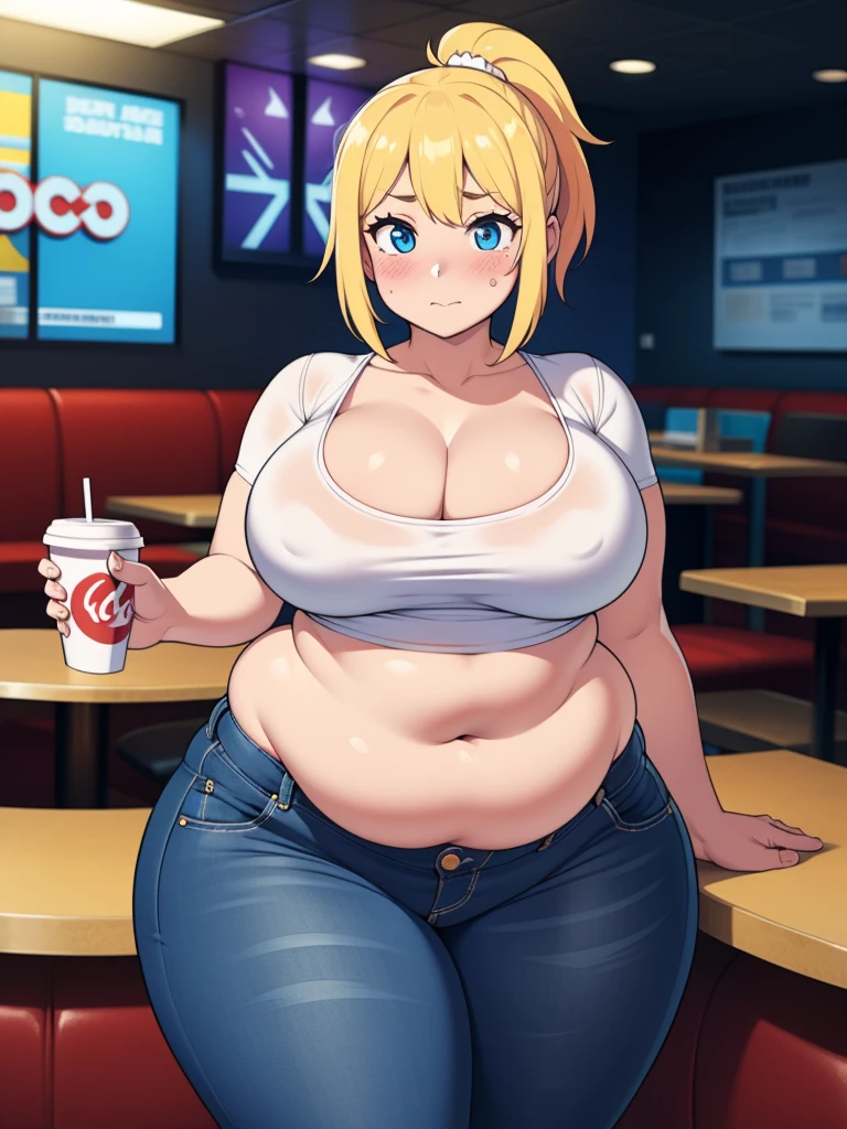 ((Masterpiece)), perfect anatomy, perfect shading, field of depth, (best quality), extremely delicate and beautiful, perfect lighting, detailed face, ultra cute face, cute, ((1girl)), ((solo))

short fluffy blonde hair, ponytail, blue eyes, ((blush)), nervous, looking at viewer, crop top, jeans, cleavage, large breasts, ((thick thighs)), (wide hips), plump, chubby belly, belly hang, fat folds

intricate background, detailed background, fast food restaurant,
