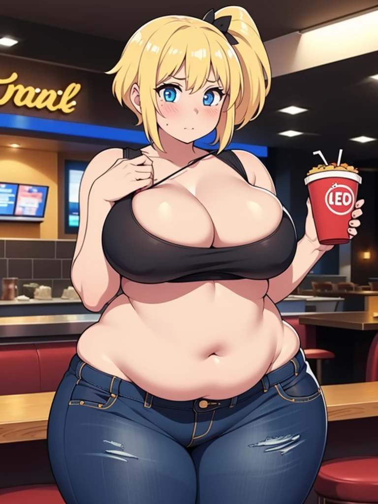 ((Masterpiece)), perfect anatomy, perfect shading, field of depth, (best quality), extremely delicate and beautiful, perfect lighting, detailed face, ultra cute face, cute, ((1girl)), ((solo))

short fluffy blonde hair, ponytail, blue eyes, ((blush)), nervous, looking at viewer, crop top, jeans, cleavage, large breasts, ((thick thighs)), (wide hips), plump, chubby belly, belly hang, fat folds

intricate background, detailed background, fast food restaurant,
