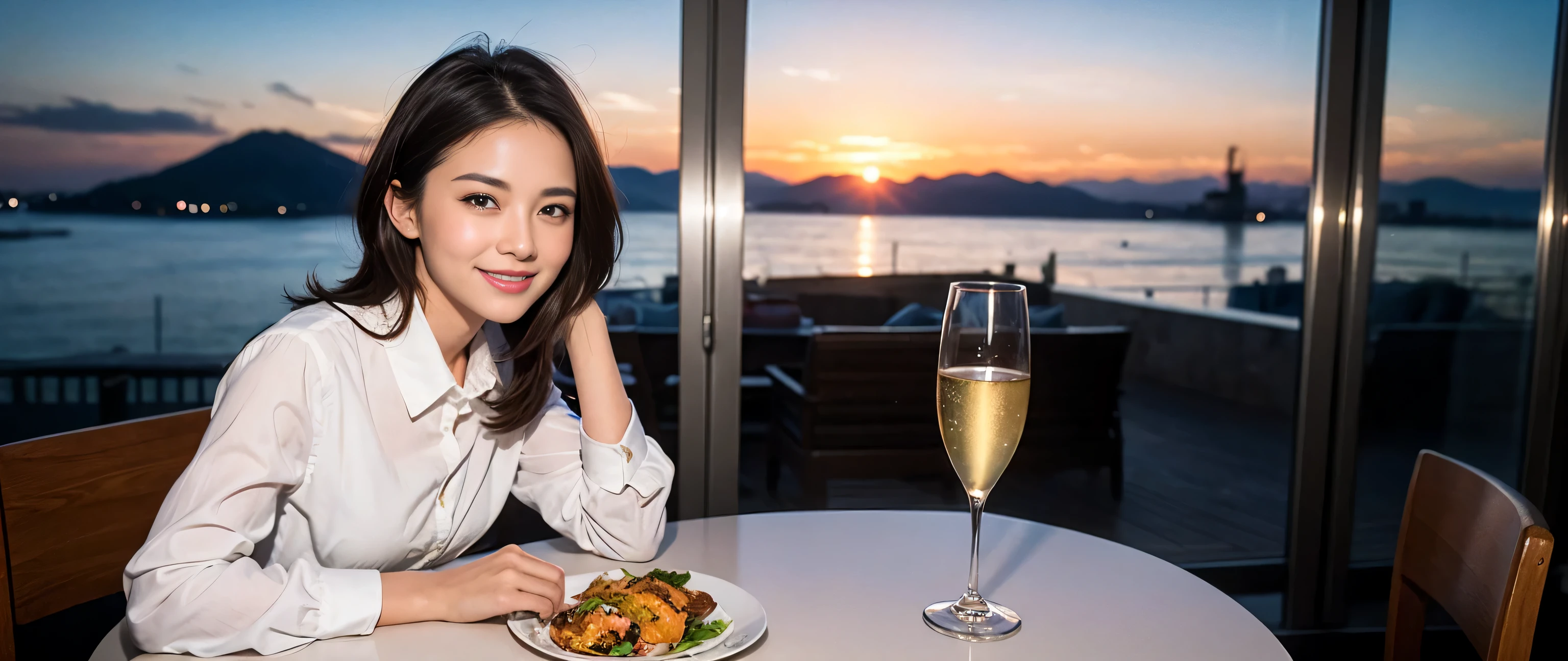 ((highest quality、8k、masterpiece:1.3))、Sharp focus:1.2、Beautiful woman perfect body:1.4、Slim body、((Bob Hale、Straight hair:1.2))、(to be born, highest quality, masterpiece:1.5), (Realistic, Intricate details:1.2), Ultra-high resolution, Spectacular view of the sunset sky and clouds、Amazing mountain views、A bright smile、wine glass、red wine 、Appetizer、Italian food、Wine bottle、Champagne、sparkling wine、, Beautiful Face, blue eyes, The light shines on your face, Blushing, short hair,Bright Face、Fox face、 (44 years old), 39 years old, Lady、Two beauties、brown hair、Shortcuts、Long sleeve shirt、dress、Pretty Woman 1, (slim face), (The body is slim), (brown hair), (Shortcuts), cheeks turn a little red,charming beauty、, Out of the window, A beautiful and detailed night view unfolds.........., restaurant, In a prominent place (From the waist up) Nova Frog Style, actress, model, Upper Body, White wine, slim, wine glass, wine glass placed in the middle, smile, (smile: 1.15), Beautiful fine grain, Depth f/2,saturation, High Contrast, Strong light and shadow,Moist Body:1.5、3D texture、Delicate eyes、brown hair、The hair is very shiny、