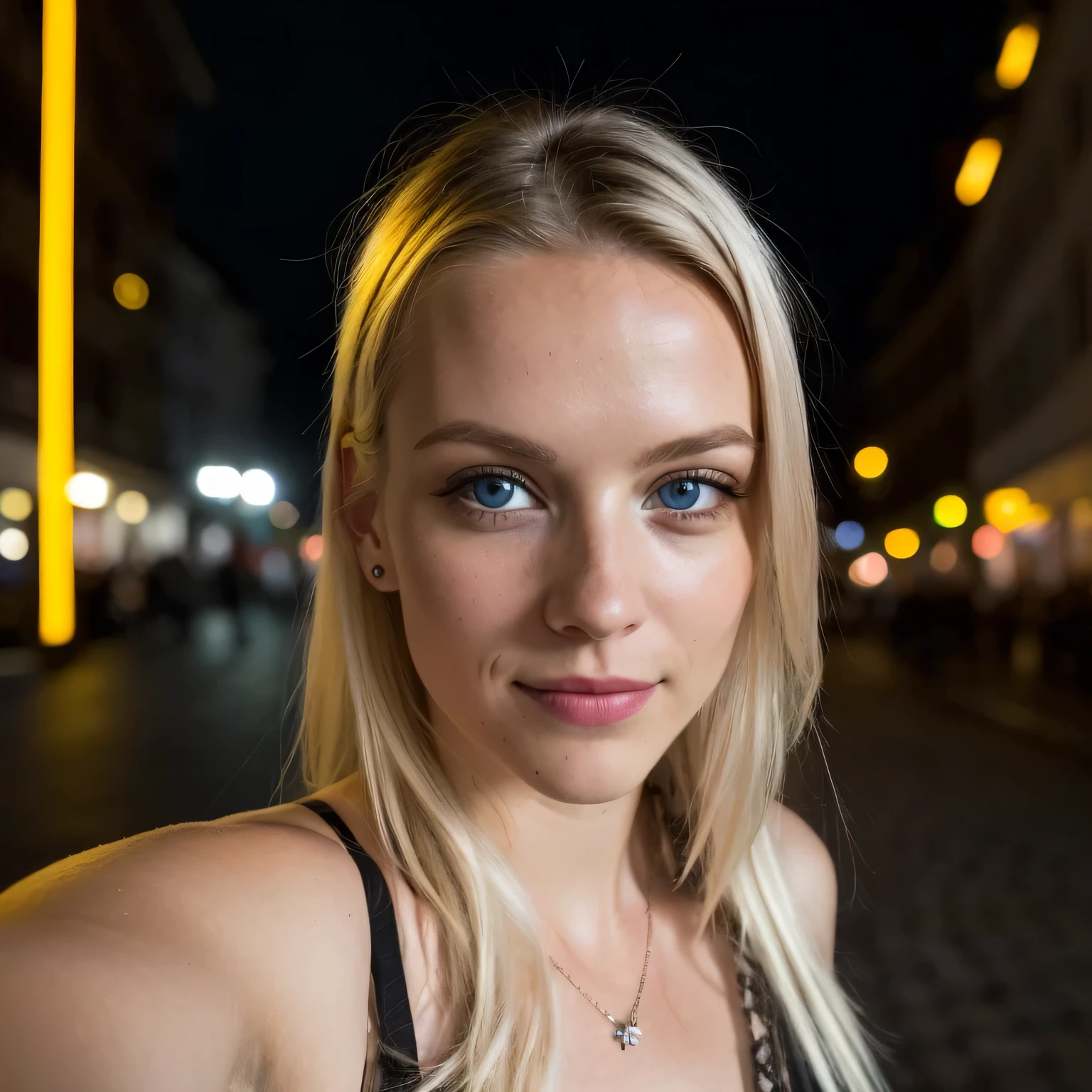 (Selfie, Draufsicht: 1.4), (straight half of the body: 1.4), RAW UHD portrait photo of a 24-year-old blonde (Blue-eyed woman) Eine dunkle Gasse entlanggehen, big ,, Stadt bei Nacht, (Rock), (Ausschnitt), Details (Gewebe! , Haar! , Glitzer, Farbe!! , Benachteiligungen: 1.1), shiny eyes with high level of detail (Blick in die Kamera), SLR-Beleuchtung, Spiegelreflexkamera, ultra quality, Sharpness, Depth of field, Filmkorn (Mitte), Fujifilm XT3, kristallklar, Rahmenmitte, Beautiful face, Scharfer Fokus, Streetlight, Neonbeleuchtung, bokeh (schwach beleuchtet), Nacht, (Nachthimmel), Detaillierte Hautporen, Oily skin, Sonnenbrand, Komplexe AugenDetails, full entire body, big 