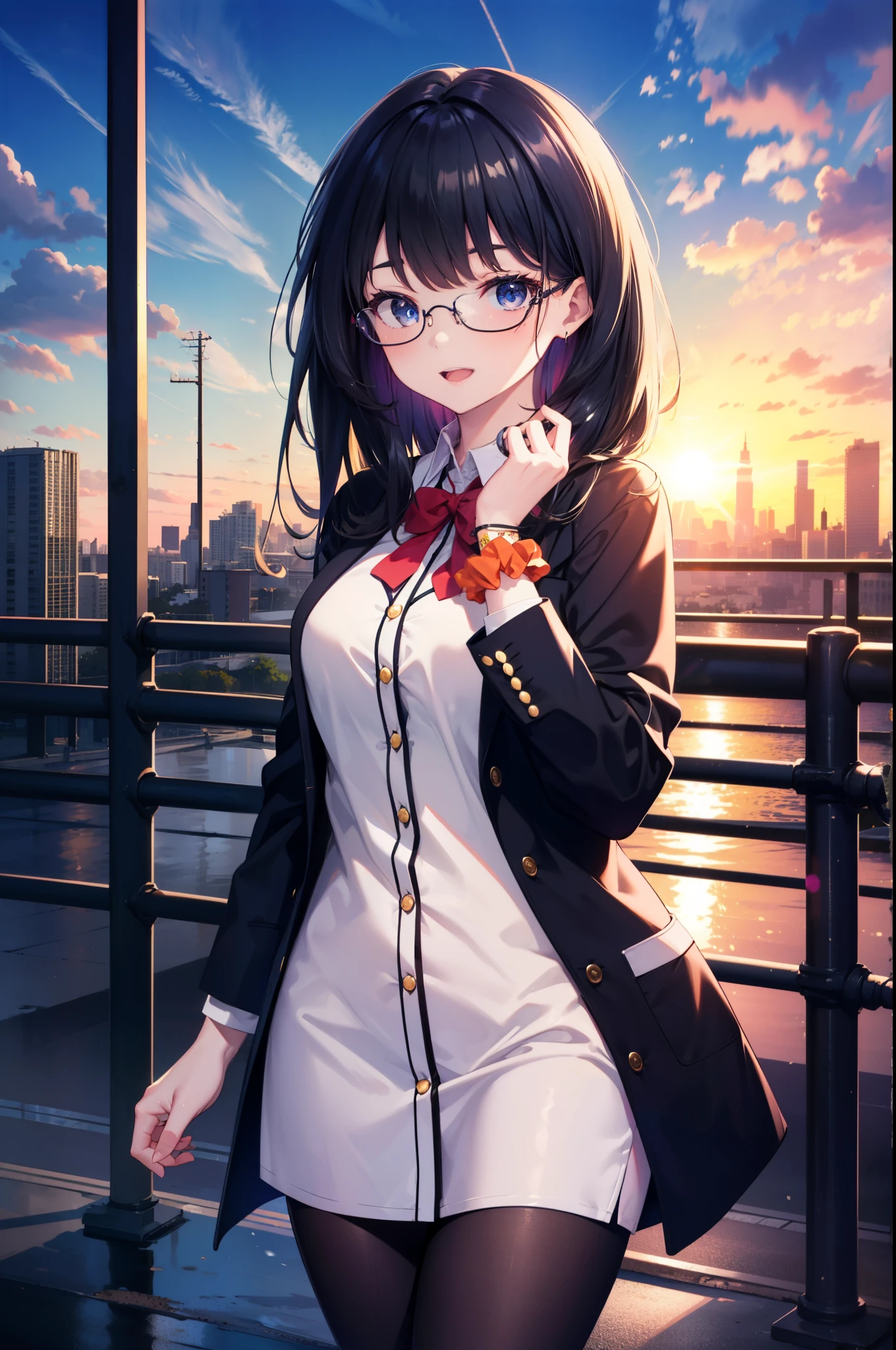 Rikka body, rikka takarada, Black Hair, blue eyes, Long Hair, happy smile, smile, Open your mouth,orange Scrunchie, Scrunchie, wrist Scrunchie,OL, Akagi glasses,  black suit jacket, Collared jacket, White dress shirt, Collared shirt, Neckline, button, Black pencil skirt, Black pantyhose,Stiletto heels,evening,sunset,The sun is setting,walking,So that the whole body goes into the illustration,
break outdoors,In town,Building district,シティストリート
break looking at viewer, (Cowboy Shot:1.5),
break (masterpiece:1.2), highest quality, High resolution, unity 8k wallpaper, (figure:0.8), (Beautiful fine details:1.6), Highly detailed face, Perfect lighting, Highly detailed CG, (Perfect hands, Perfect Anatomy),