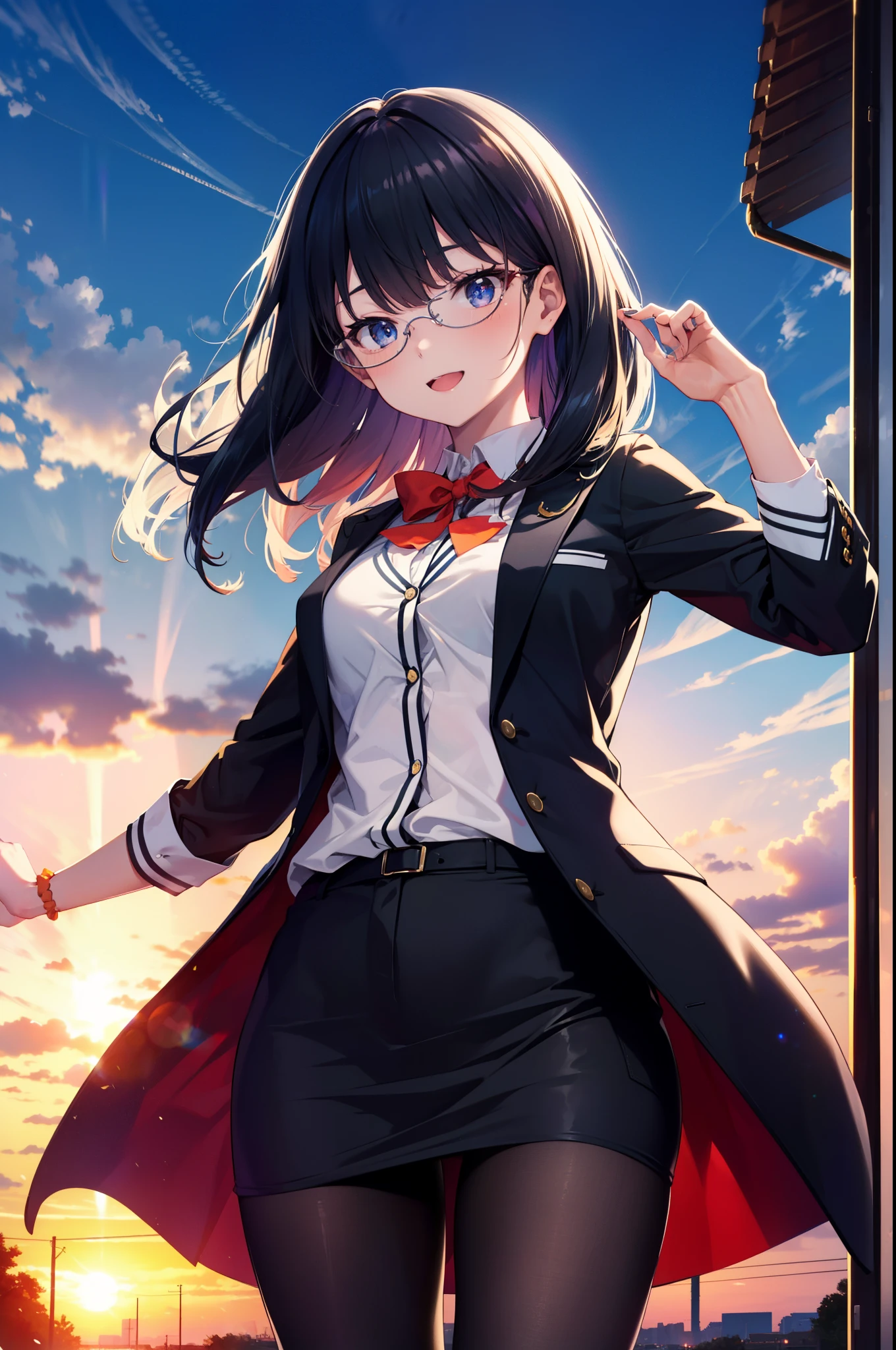 Rikka body, rikka takarada, Black Hair, blue eyes, Long Hair, happy smile, smile, Open your mouth,orange Scrunchie, Scrunchie, wrist Scrunchie,OL, Akagi glasses, black suit jacket, Collared jacket, White dress shirt, Collared shirt, Neckline, button, Black pencil skirt, Black pantyhose,Stiletto heels,evening,sunset,The sun is setting,walking,So that the whole body goes into the illustration,
break outdoors,In town,Building district,シティストリート
break looking at viewer, (Cowboy Shot:1.5),
break (masterpiece:1.2), highest quality, High resolution, unity 8k wallpaper, (figure:0.8), (Beautiful fine details:1.6), Highly detailed face, Perfect lighting, Highly detailed CG, (Perfect hands, Perfect ???????),