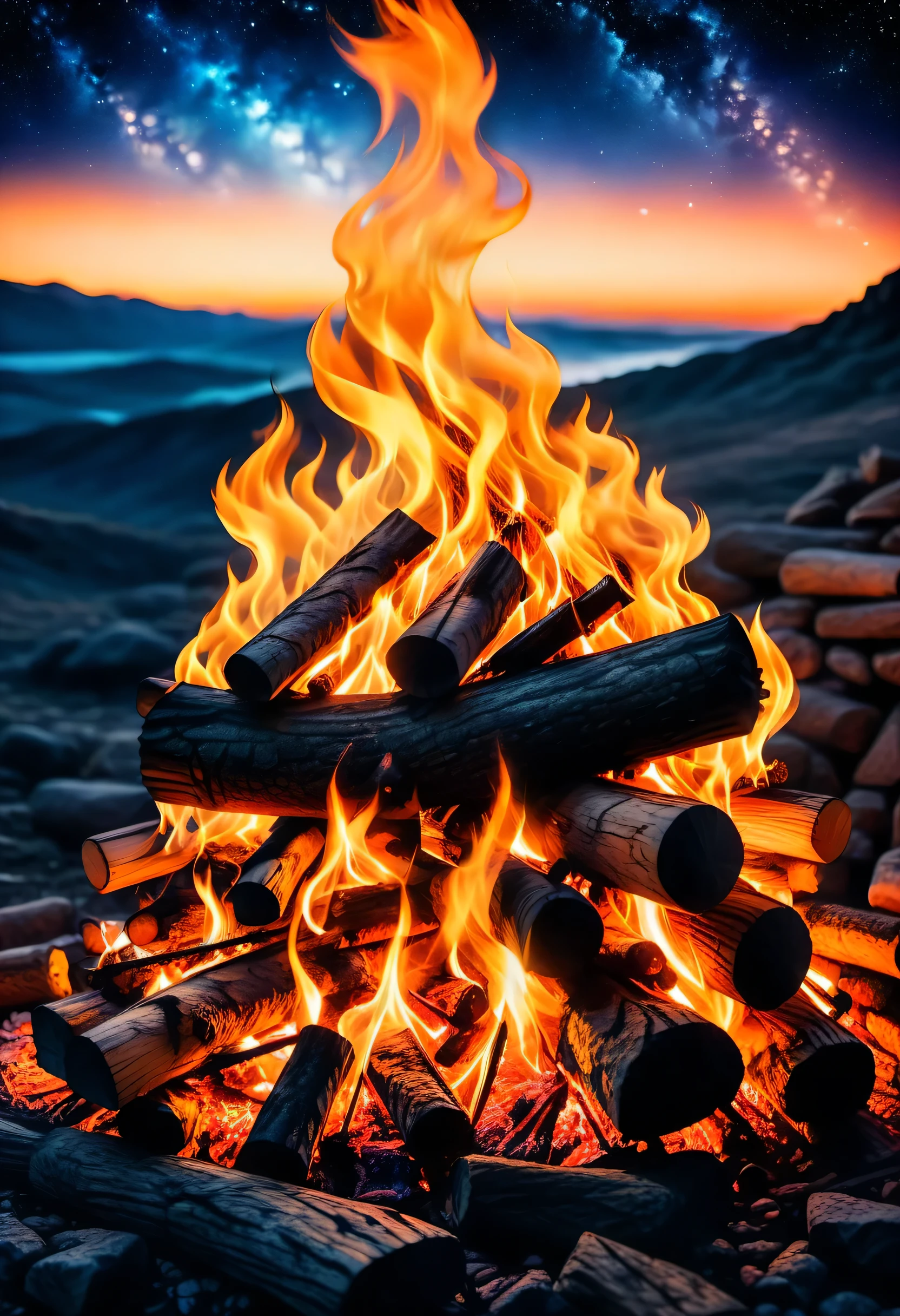 masterpiece, best quality, very aesthetic, absurdres, 

Close-up of flames stretching towards the night sky, Enchanting dance of campfire flames, Rustic campfire landscape, Comfortable campfire with glowing embers against a starry sky, Nostalgic campfire, Soft orange glow