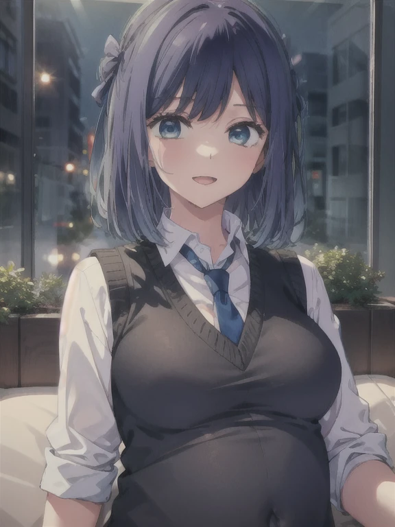 Beautiful Lights, 1 girl, Solitary, madder, White shirt, Sweater vest, Black vest, Blue tie, ((anime style))、((2D))、laughter、open mouth，Big breasts，Expose cleavage，Pregnant