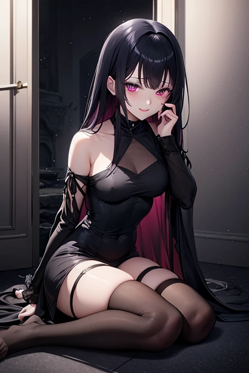 Villain、Frosty smile、sneer、laugh at、Question、mysterious、Unfathomable、insane、Mysterious atmosphere、unrest、Creepy, sickly blood-colored eyes、charisma、Cold-blooded aura、Beautiful woman、Stylish、slender、Beauty、Lady、adult、Sexual、lure、A sense of guilt、Smooth bare feet、Open the chest、Long sleeve、sex appeal、Melancholic smile、ennui、A faded night-colored dress、Pale sunset tinted glasses、Stylish、sleepless、Only silence、sit、Glossy lipstick、Dark Room、Dark Night、Late Night、abyss、There's no light in my eyes、dark shadow、From below