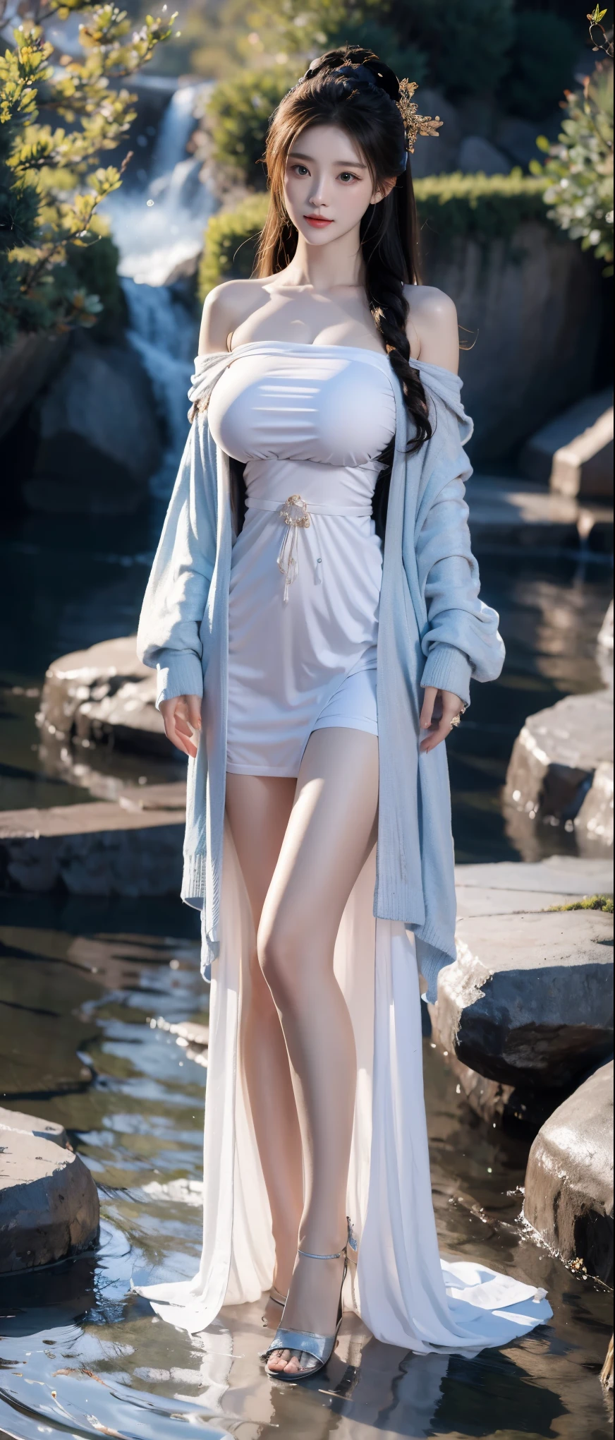 gufeng,Bare shoulders,best quality,masterpiece,Ultra-high resolution,Clear face,(realism:1.4),original photo,Cold Light,Woman in transparent clothes,Full body image,Wallpaper Anime Blue Water,Gurwitz-style artwork,water magic closeup fantasy,A beautiful artistic illustration,Water Nymphs,Beautiful digital artwork,Beautiful digital illustration,Li Song,a beautiful anime character;Art style,((Cardigan,Big boobs))