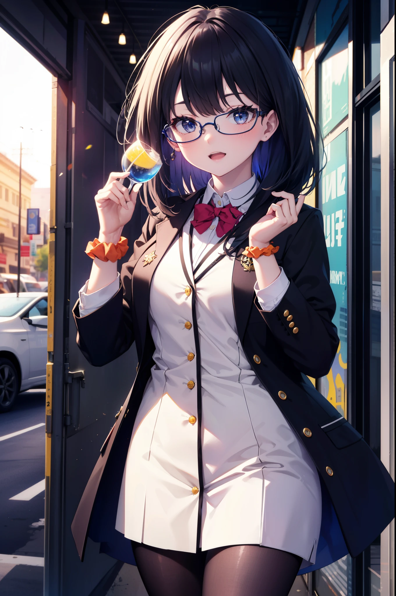 Rikka body, rikka takarada, Black Hair, blue eyes, Long Hair, happy smile, smile, Open your mouth,orange Scrunchie, Scrunchie, wrist Scrunchie,OL, Akagi glasses, black suit jacket, Collared jacket, White dress shirt, Collared shirt, Neckline, button, Black pencil skirt, Black pantyhose,Stiletto heels,evening,sunset,The sun is setting,walking,So that the whole body goes into the illustration,
break outdoors,In town,Building district,シティストリート
break looking at viewer, (Cowboy Shot:1.5),
break (masterpiece:1.2), highest quality, High resolution, unity 8k wallpaper, (figure:0.8), (Beautiful fine details:1.6), Highly detailed face, Perfect lighting, Highly detailed CG, (Perfect hands, Perfect Anatomy),