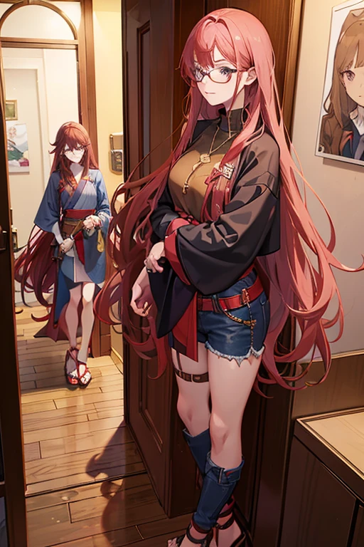 Young man with long red hair, wearing glasses, brown shirt, gray short sleeve jacket hoodie, gold trim, gold cross necklace, blue jeans, red belt, red boots, annoyed expression, standing next to a woman with long pink hair, soft pink eyes, happy expression, wearing a Japanese kimono, purple belt, pink open toe sandals