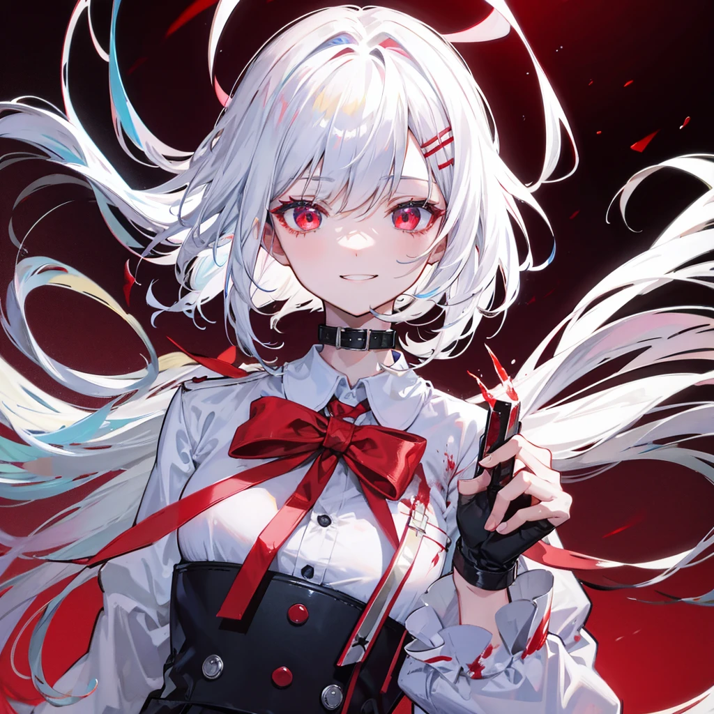 Alone anime girl , Medium length hair tied back on the side. , White hair mixed with blue , glowing blood red eyes , Smiling with a scary smile , Wear a dark red hotel staff uniform. , Black bow on the collar , holding a knife filled with blood , Body stained with blood