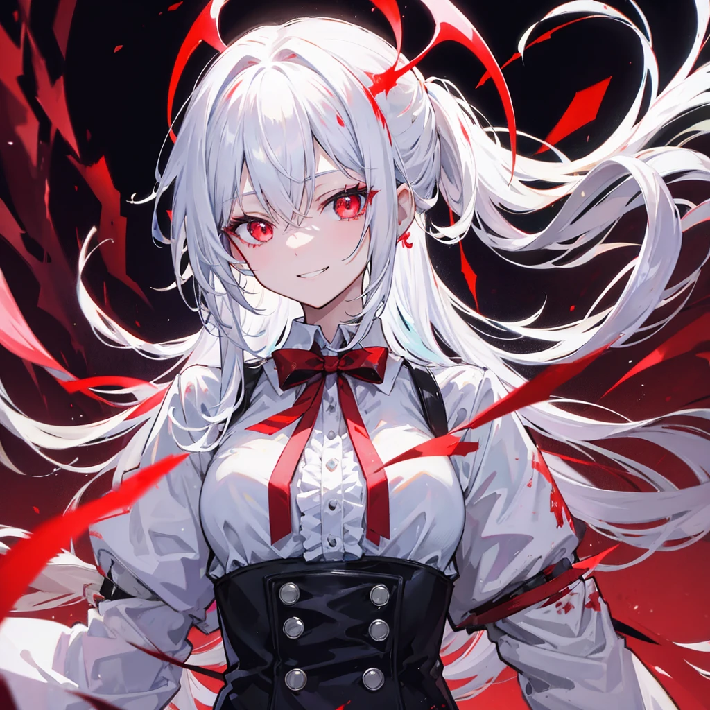 A once-in-a-millennium masterpiece, A photo that can never be taken again, Absurd high resolution, (Expressionless), (Red tears flow from the eyes:1.2), vampire, woman, Silver Hair, Red eyes, Big eyes that draw you in, White clothes, Red dyed clothes,There are red spots all over, Red from the mouth,Cowboy Shot、From above、Tabletop