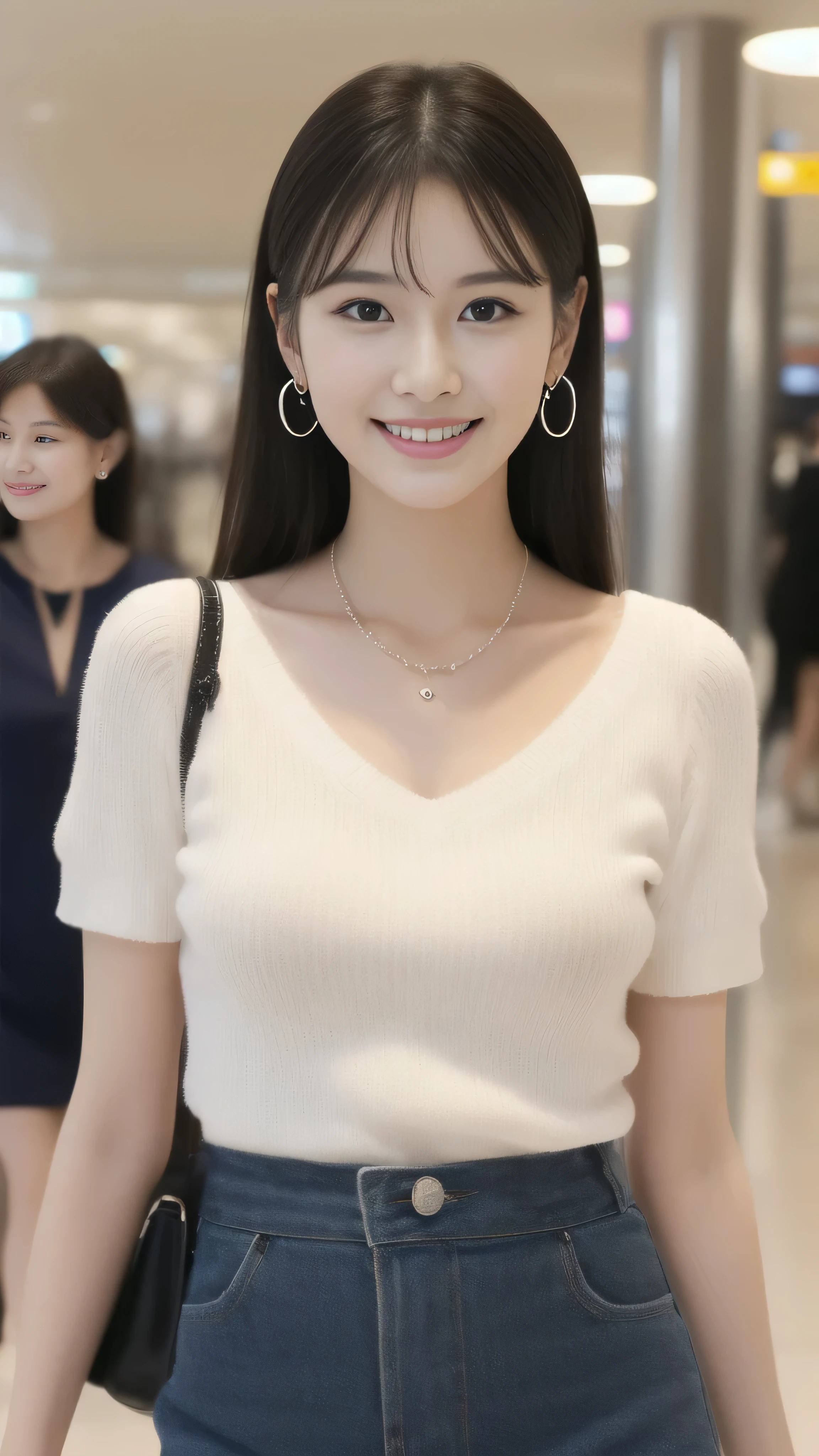 Hostess&#39;s face、Married women、Married Woman、Beauty、White knit shirt、skirt、high quality、Super Ultra Realistic、healthy、smile、Perfect figure、Japanese Beauty、 necklace、Earrings、Perfect eyes, beautiful skin、Upper Body、looking at the camera、Airport lobby
