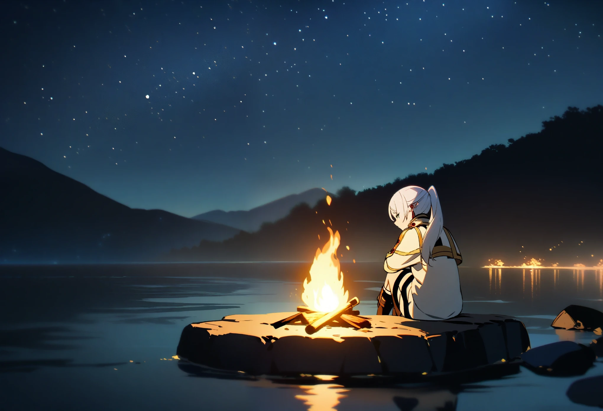 1girl,frieren,campfire,fire,from_behind,knee_up,moonlight,night,outdoors,scenery,sitting,sky,solo,star_(sky),starry_sky,wide_shot,masterpiece,best quality,