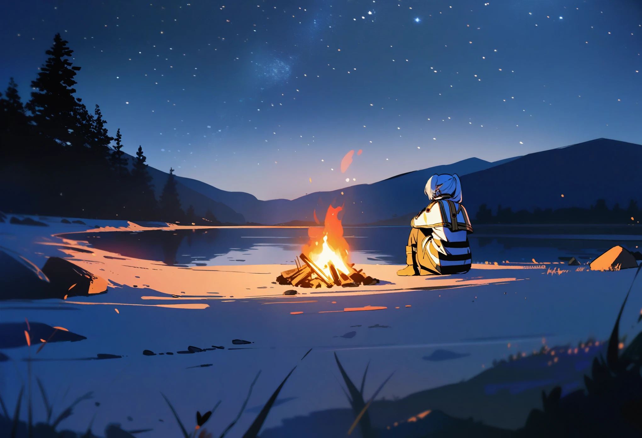 1girl,frieren,campfire,fire,from_behind,knee_up,moonlight,night,outdoors,scenery,sitting,sky,solo,star_(sky),starry_sky,wide_shot,masterpiece,best quality,