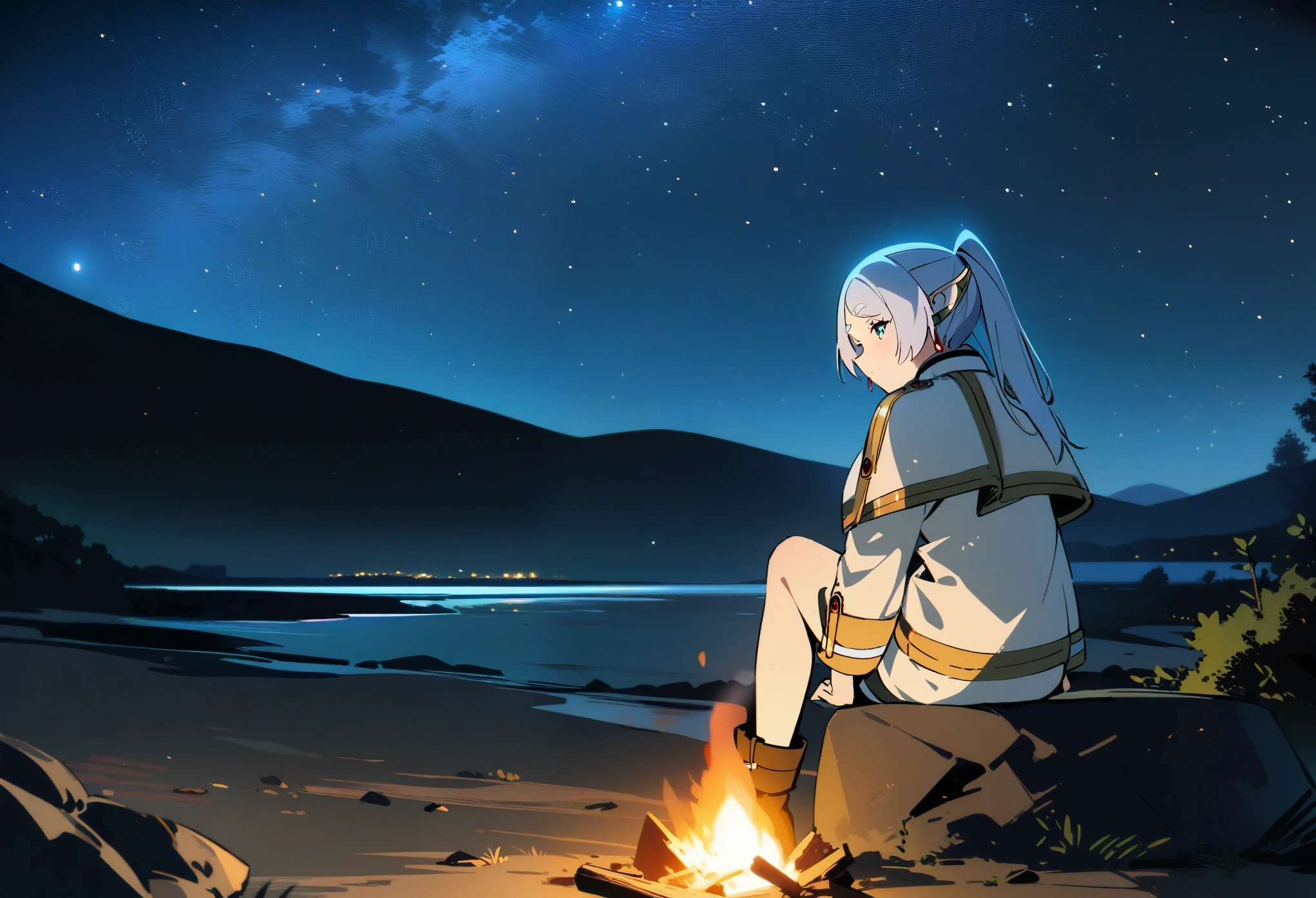 1girl,frieren,campfire,fire,from_behind,knee_up,moonlight,night,outdoors,scenery,sitting,sky,solo,star_(sky),starry_sky,wide_shot,masterpiece,best quality,