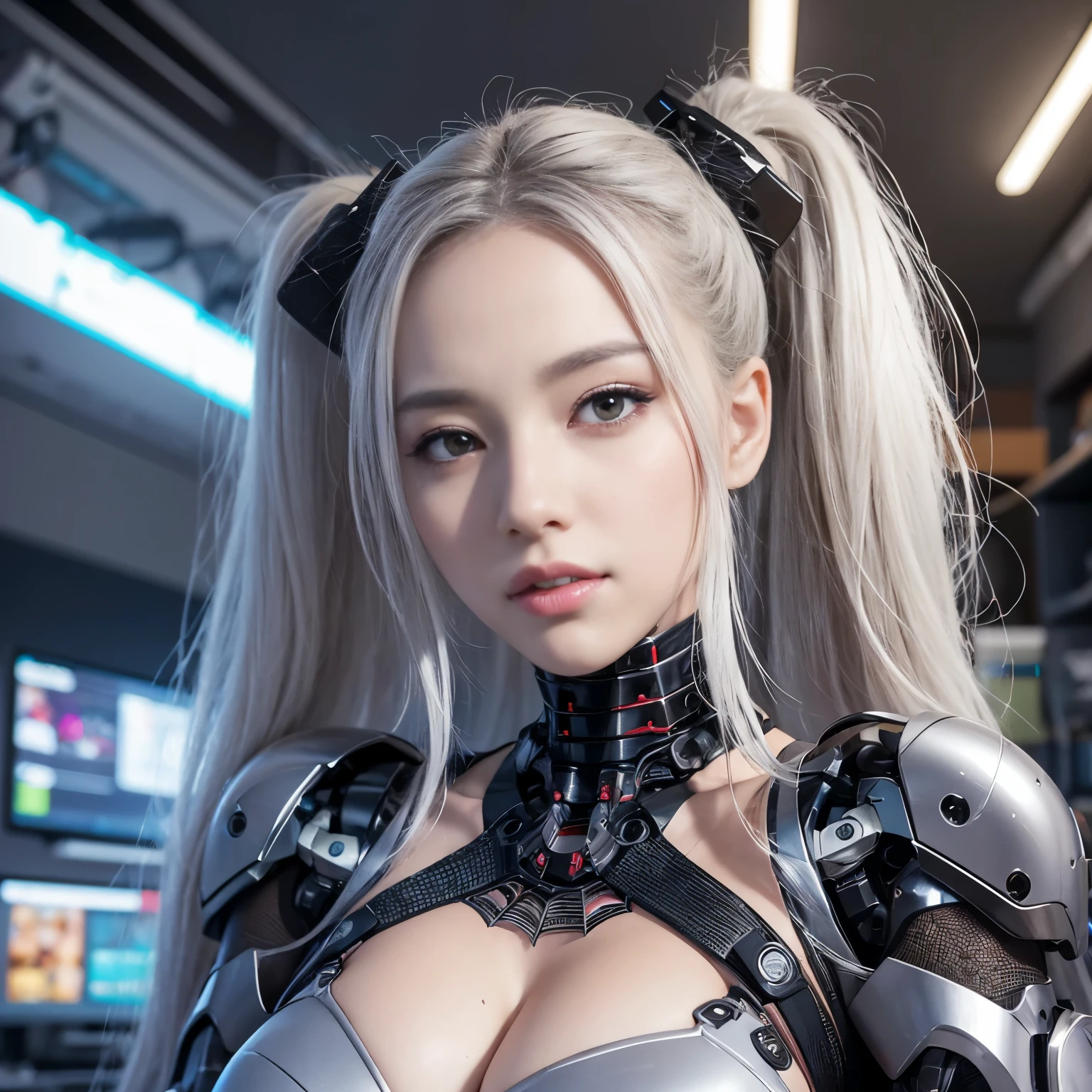 Beautiful Face,Face is Japanese,((1 female)), big, Curvaceous, (16k, RAW Photos, highest quality, masterpiece: 1.2), (HDR, Realistic, Realistic: 1.37),((((Spider Web Bikini Cyborg Robot Parts)))), (Light grey hair), Long Hair, Wavy Hair, Twin tails, Medium Shot, (Captivating smile)), (Iris), double eyelid, From below, (whole body),Strike a Pose,In the lab,((Mechanical vertebrae attached to the back)),((Mechanical neck attached to the neck)),(Wires and cables attached to the head and body),(Character Focus),SF,The perfect woman,完璧なanatomy, anatomy, whole bodyショット, Up to 4 fingers and 1 thumb,