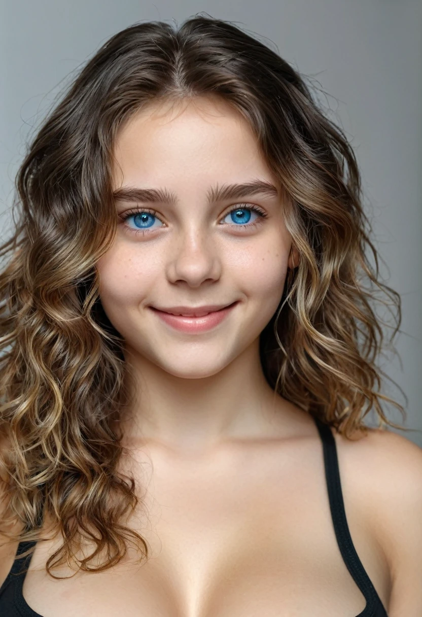 Beautiful brunette with blonde highlights wearing a black t-shirt (in the room ), very detailed, 22 years ago, , , innocent face, natural wavy hair, blue eyes, High resolution, masterpiece, highest quality, intricate high detail, very detailed, sharp focus, fine skin, realistic skin texture, texture, fine eyes, Professional, 4K, cute smile, Photographed with Canon, 85mm, shallow depth of field, kodak vision color, perfectly fitted body , very detailed, photograph_\(ultra\), realistic, realistic, Post-processing, maximum details, roughness, real life, ultra realistic, photorealism, photograph, 8K UHD, photograph, (((huge breasts))), upper body