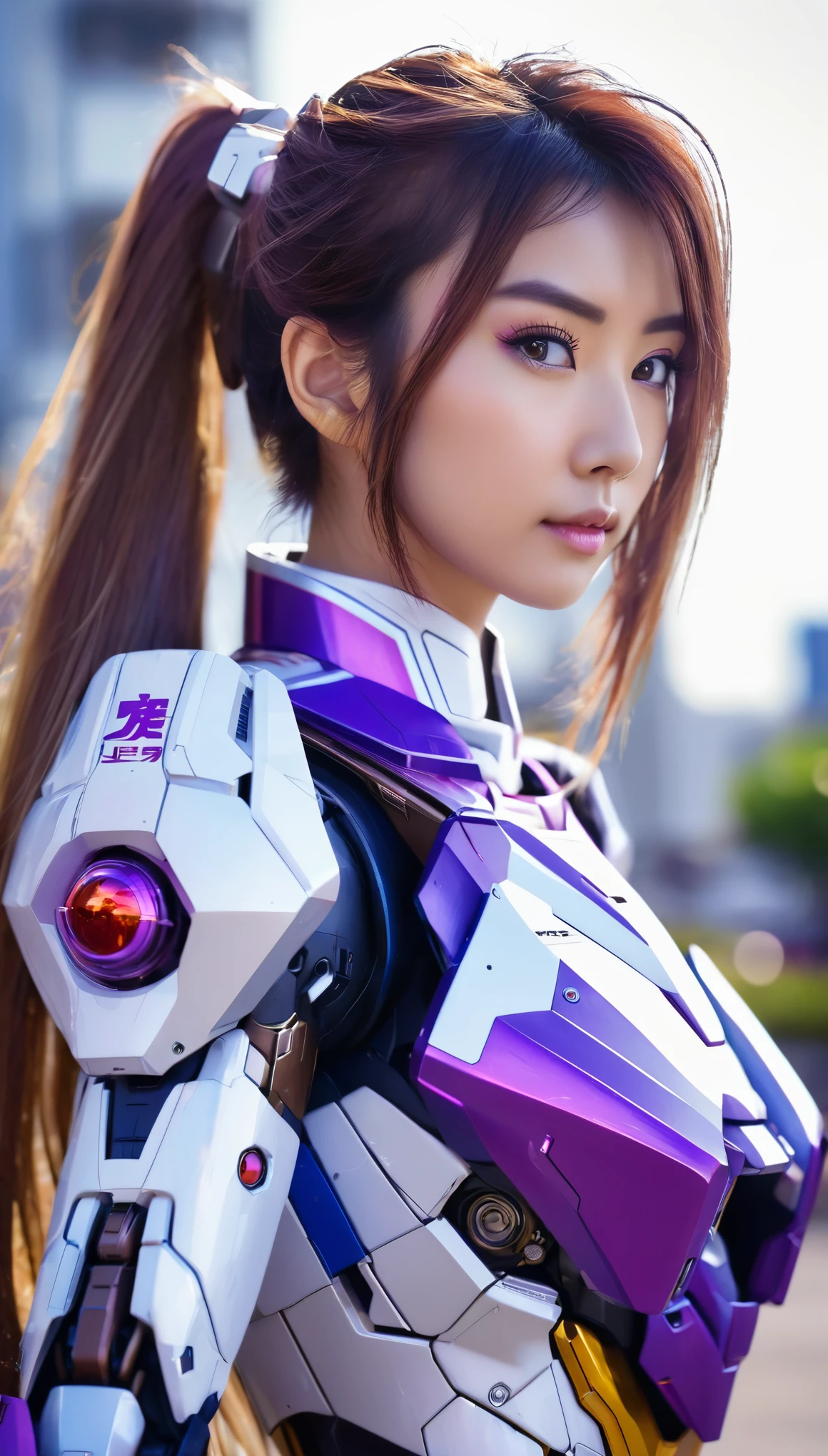 RAW, Masterpiece, Ultra Fine Photo,, Best Quality, Ultra High Resolution, Photorealistic, Sunlight, Full Body Portrait, Stunningly Beautiful,, Dynamic Poses, Delicate Face, wearing a mecha detector glass future transparent neon, Vibrant Eyes, a full body of a woman in a purple and white gundam custume, dybamic pose, pony tail long brown very very long hair rapunzel, girl in mecha cyber armor, portrait armored astronaut girl, d. va from overwatch, female mecha, on a gundam, gundam head, chiho aoshima color scheme, mobile suit, streamlined purple armor, fully robotic!! girl, realistic cosplay, gundam armor (dynamic pose) (best cameraview), full body, sit down, full body