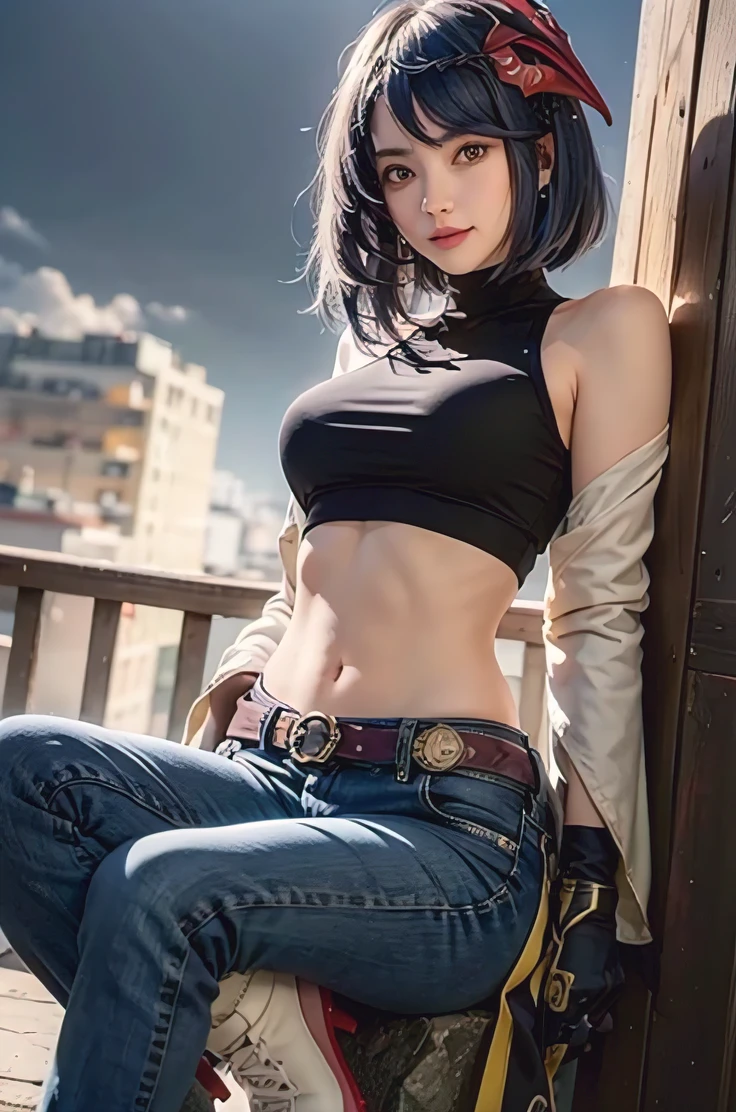 1girl, (long sleeved turtleneck, long jeans, iron belt, big earrings), ((midriff, navel)), looking at viewer, smile, sit on stone, (cinematic lighting, best quality, masterpiece, high details, best quality, highres, HD, 4K, 8k, super detail), (kujou sara:1.3), mask on head, blue hair, short hair, yellow eyes