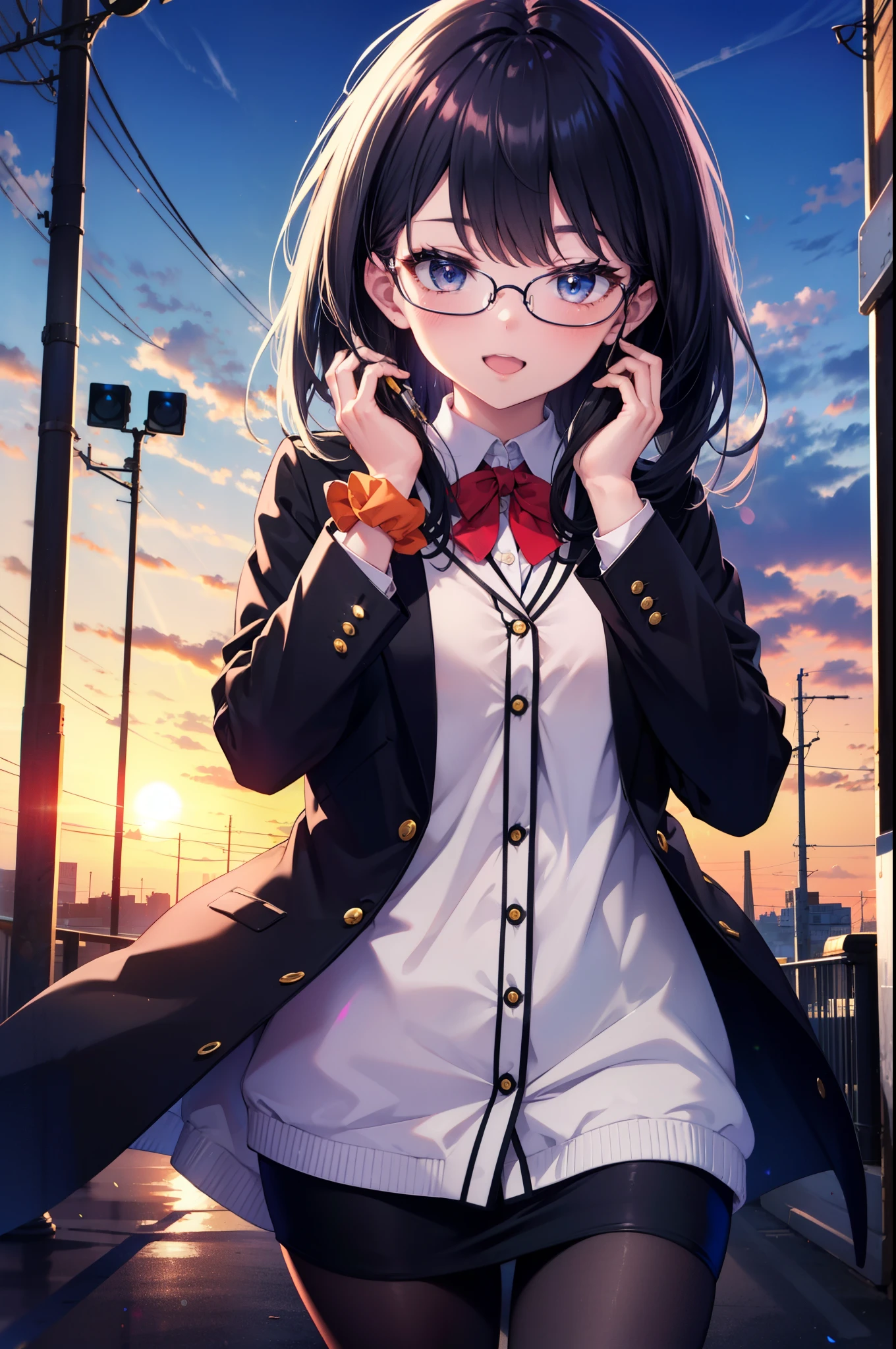 Rikka body, rikka takarada, Black Hair, blue eyes, Long Hair, happy smile, smile, Open your mouth,orange Scrunchie, Scrunchie, wrist Scrunchie,OL, Akagi glasses,  black suit jacket, Collared jacket, White dress shirt, Collared shirt, Neckline, button, Black pencil skirt, Black pantyhose,Stiletto heels,evening,sunset,The sun is setting,walking,So that the whole body goes into the illustration,
break outdoors,In town,Building district,シティストリート
break looking at viewer, (Cowboy Shot:1.5),
break (masterpiece:1.2), highest quality, High resolution, unity 8k wallpaper, (figure:0.8), (Beautiful fine details:1.6), Highly detailed face, Perfect lighting, Highly detailed CG, (Perfect hands, Perfect Anatomy),