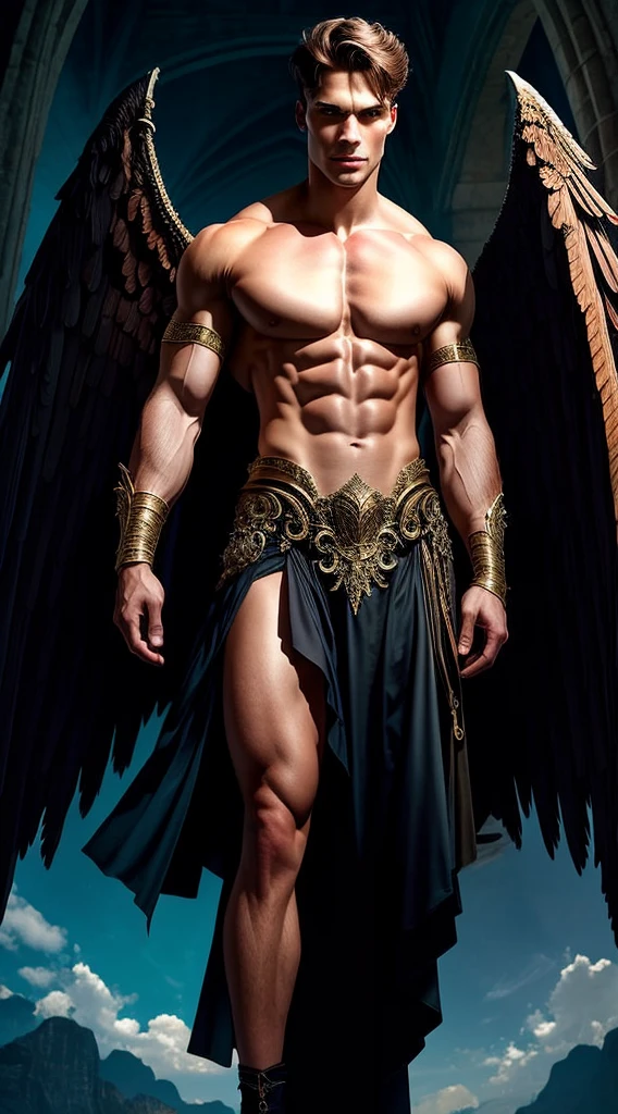 (extremely detailed 8k wallpaper), a medium shot shot of a young male model, masculine features, blue eyes, brown hair, strong jawline, fit body, which tall, full body, prince aesthetic, gothic architecture, shirtless, soft lighting, beauty lighting , huge massive black angel wings,