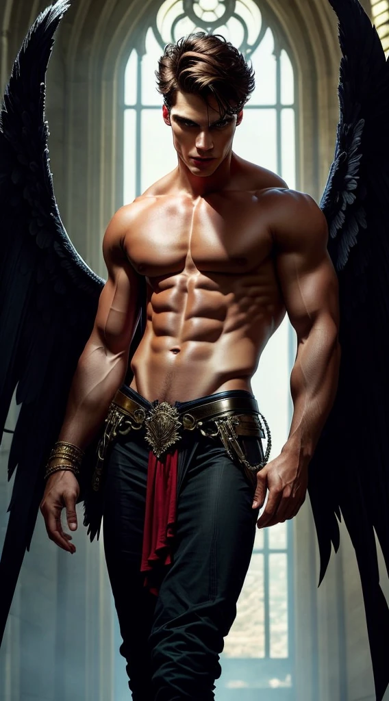 (extremely detailed 8k wallpaper), a medium shot shot of a young male model, masculine features, blue eyes, brown hair, strong jawline, fit body, which tall, full body, prince aesthetic, gothic architecture, shirtless, soft lighting, beauty lighting , huge massive black angel wings,