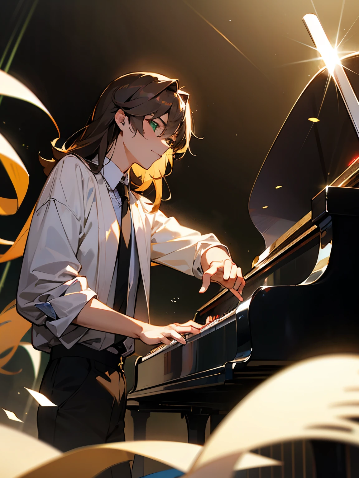 On stage，The lights are dimming，A beam of light slowly focused on the black solemn grand piano and Ethan。he（（Brown wavy medium-length hair））Like a waterfall hanging on my shoulders，Green eyes are smart and deep，Eastern European style face with youthful smile。he身着的黑色西装，The silver tie pin gleams in the light，Like the brightest star in the night sky。A bow，Ethan shows off his calm elegance，This is not only a respect for the audience，It is also the confidence in my own music
