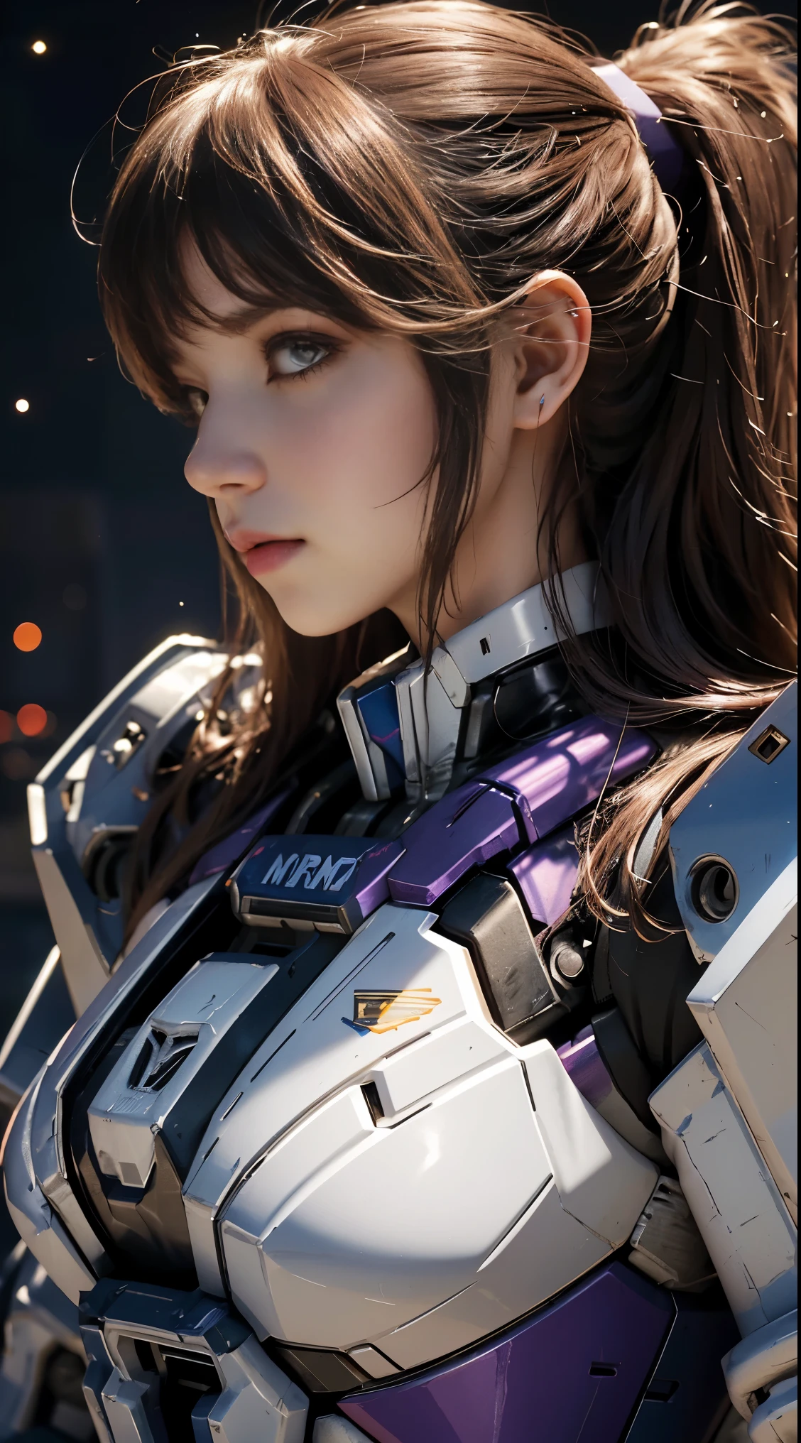 RAW, Masterpiece, Ultra Fine Photo,, Best Quality, Ultra High Resolution, Photorealistic, Sunlight, Full Body Portrait, Stunningly Beautiful,, Dynamic Poses, Delicate Face, Vibrant Eyes, (Side View) a close up of a woman in a pink and white gundam custume, dybamic pose, long brown very very long hair rapunzel, girl in mecha cyber armor, portrait armored astronaut girl, d. va from overwatch, female mecha, on a gundam, gundam head, chiho aoshima color scheme, mobile suit, streamlined purple armor, fully robotic!! girl, realistic cosplay, gundam armor (dynamic pose) (best cameraview), full body