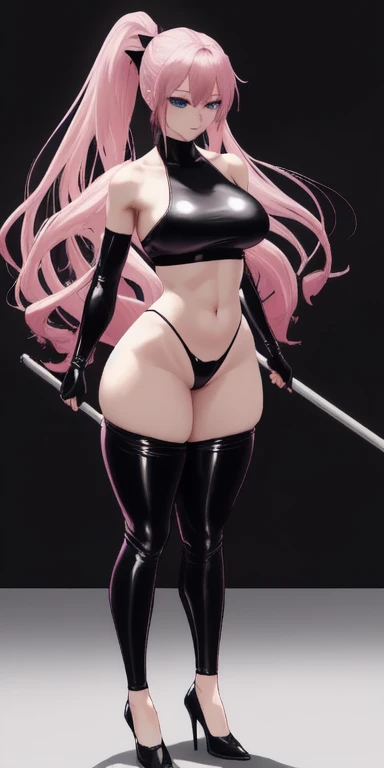 Beautiful woman,1个Giant Breast Girl,pink haired woman,Fighting posture,black pantyhoses,black glove,Sports bra,jewely,shorter pants,J thighs。Pink hair,drill bit,Asymmetrical hair,Wear gold and silver(work of art), (masterpiece), (best quality), a, (blue eyes), wearing nothing, brightly lit night city background, red bow, flowing hair , butts , full figure head to toes , standing beside poles ,, beautiful cute smile, wearing black leather shoes, heels shoes pink black color