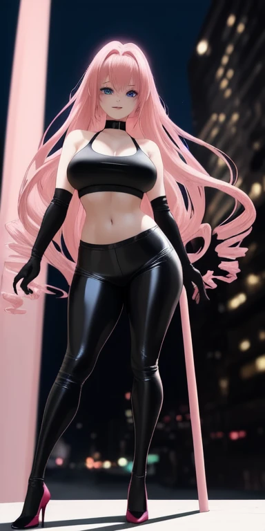 Beautiful woman,1个Giant Breast Girl,pink haired woman,Fighting posture,black pantyhoses,black glove,Sports bra,jewely,shorter pants,J thighs。Pink hair,drill bit,Asymmetrical hair,Wear gold and silver(work of art), (masterpiece), (best quality), a, (blue eyes), wearing nothing, brightly lit night city background, red bow, flowing hair , butts , full figure head to toes , standing beside poles ,, beautiful cute smile, wearing black leather shoes, heels shoes pink black color