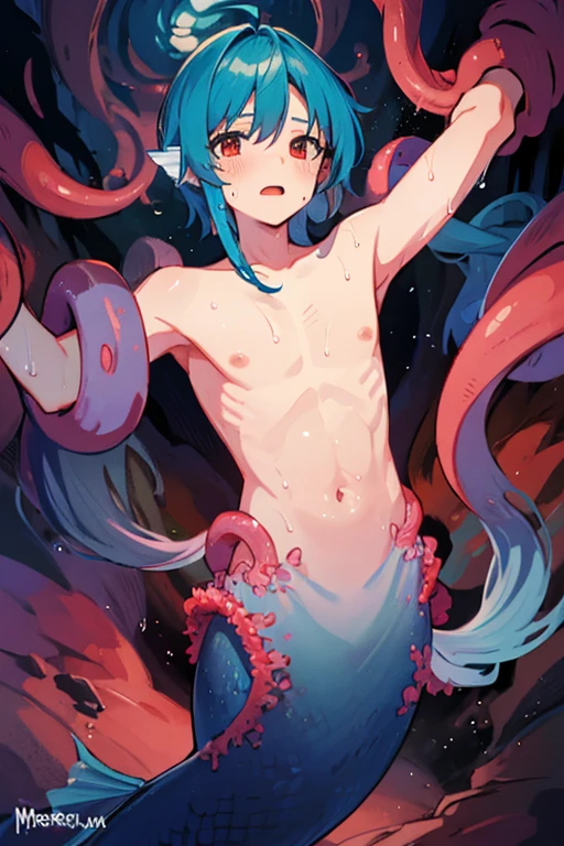 10 year old male mermaid、merman、naked、Surrounded by a large number of tentacles、Tentacles bind the arms、Tentacles cling to the body、Tentacles wrap around the body、Tentacles bind the torso、Unable to move、Sweat、be scared、Mainly upper body、(inside the red cave)、Ultra HD