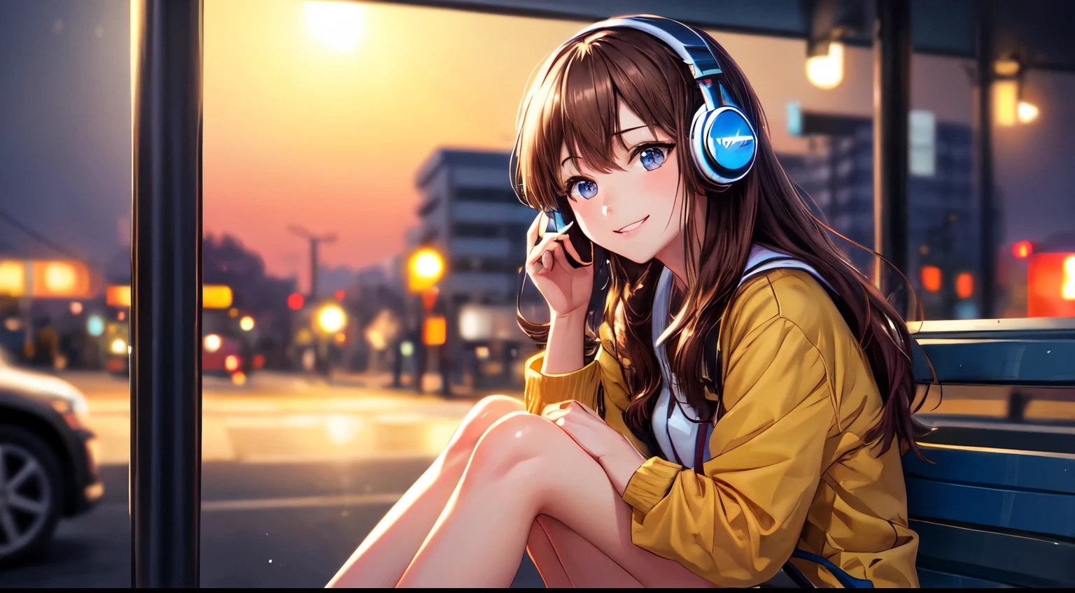 (highest quality,masterpiece:1.2),Familiar,Perfect Face,brown hair,Girl listening to music,Holding her cell phone,Sitting at the bus stop,2D Anime Style,shape,Soft lighting,Bright colors,Sparkling ornaments,night,Peaceful atmosphere,Pleasant background,Expressive eyes,A kind smile,Flowing Hair,Put on your headphones,Bright Eyes,Likeable character